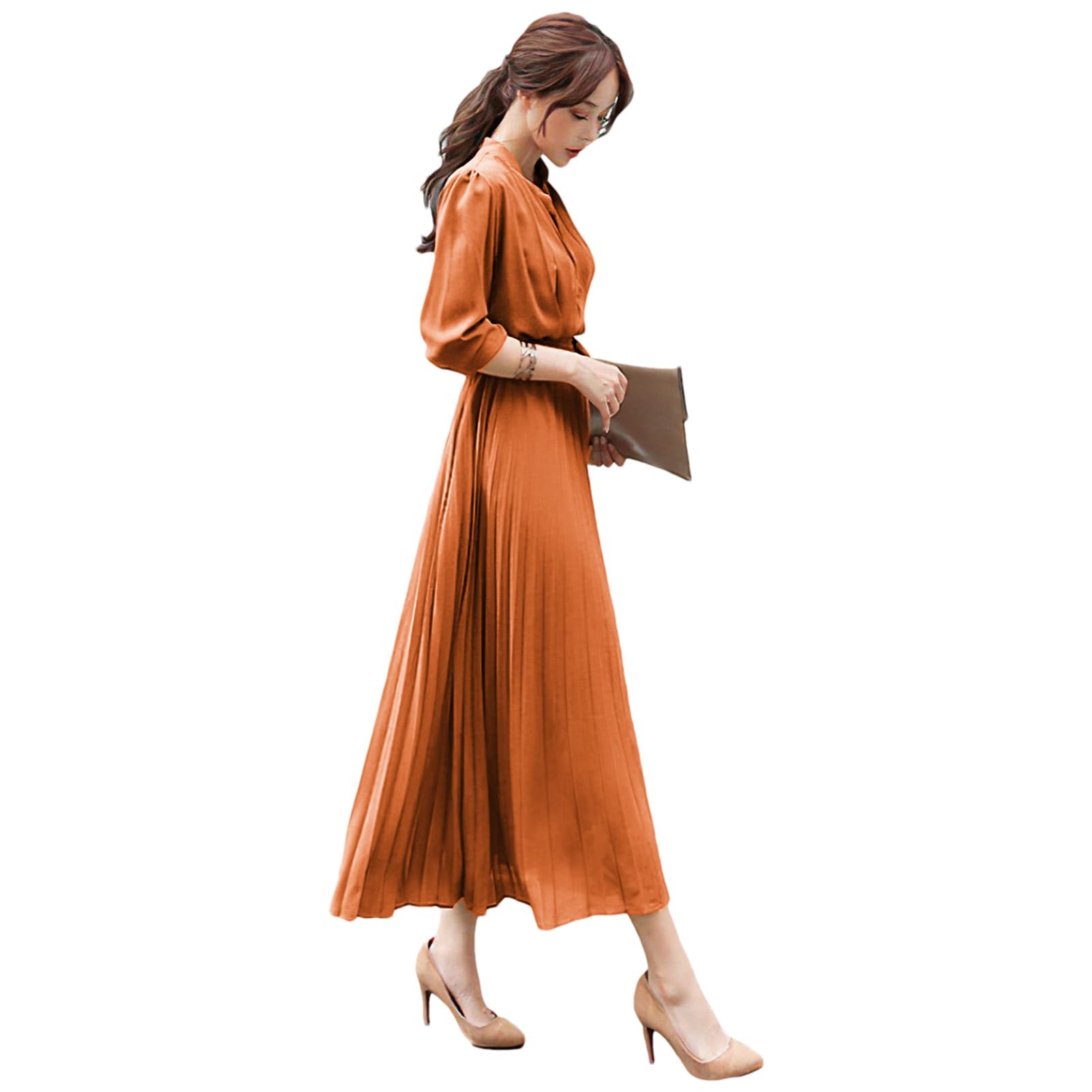 Women's Pleated Long Sleeve Maxi Dress - Loose Fit Casual Dress with Tie Waist - Perfect for Spring, Summer, Beach, Vacation & Everyday Wear