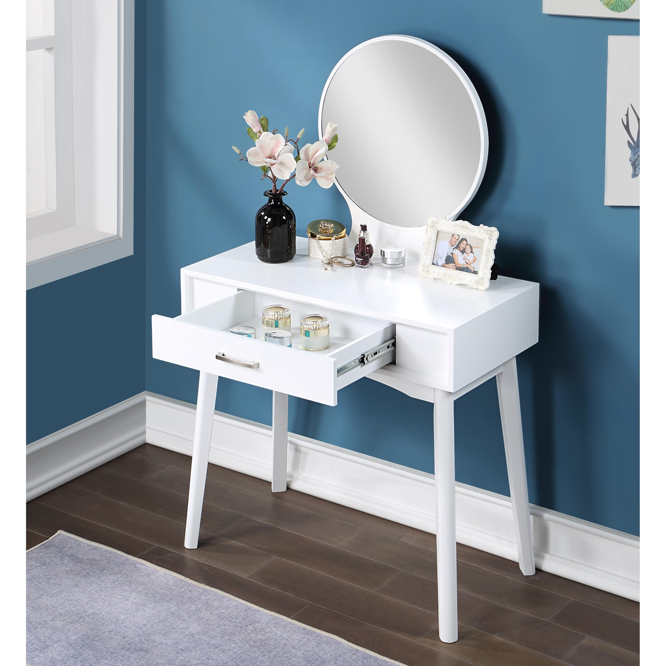 Roundhill Furniture Maly Contemporary Wood Vanity and Stool Set in Pink - Modern Dressing Table with Matching Stool for Bedroom Makeup & Beauty Routine