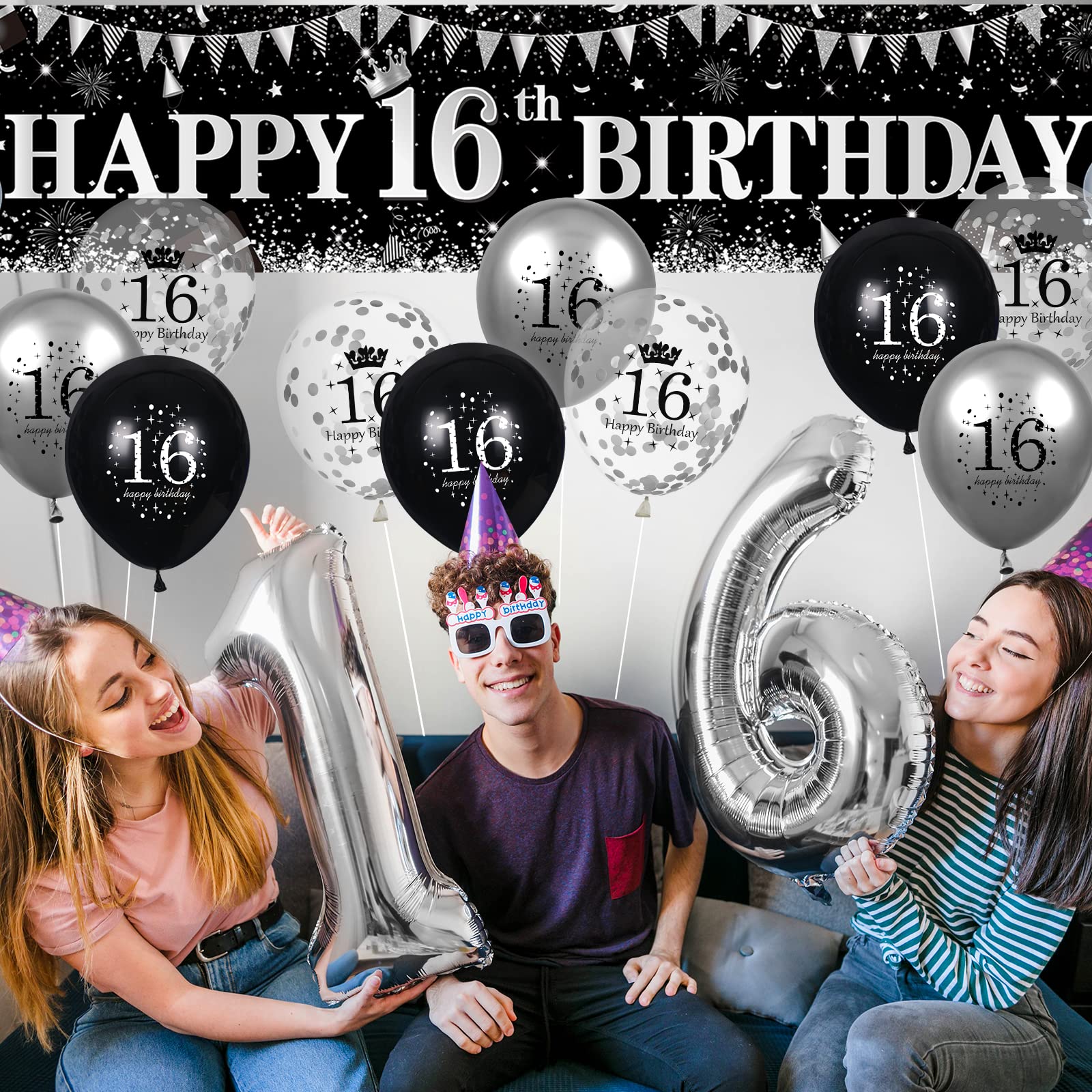 Black & Silver Happy 16th Birthday Decorations Set - Banner Yard Sign & 18Pcs Balloons for Boys Girls Sweet 16 Party Supplies | Perfect for Birthday Anniversaries, Teen Celebrations & Milestone Decor