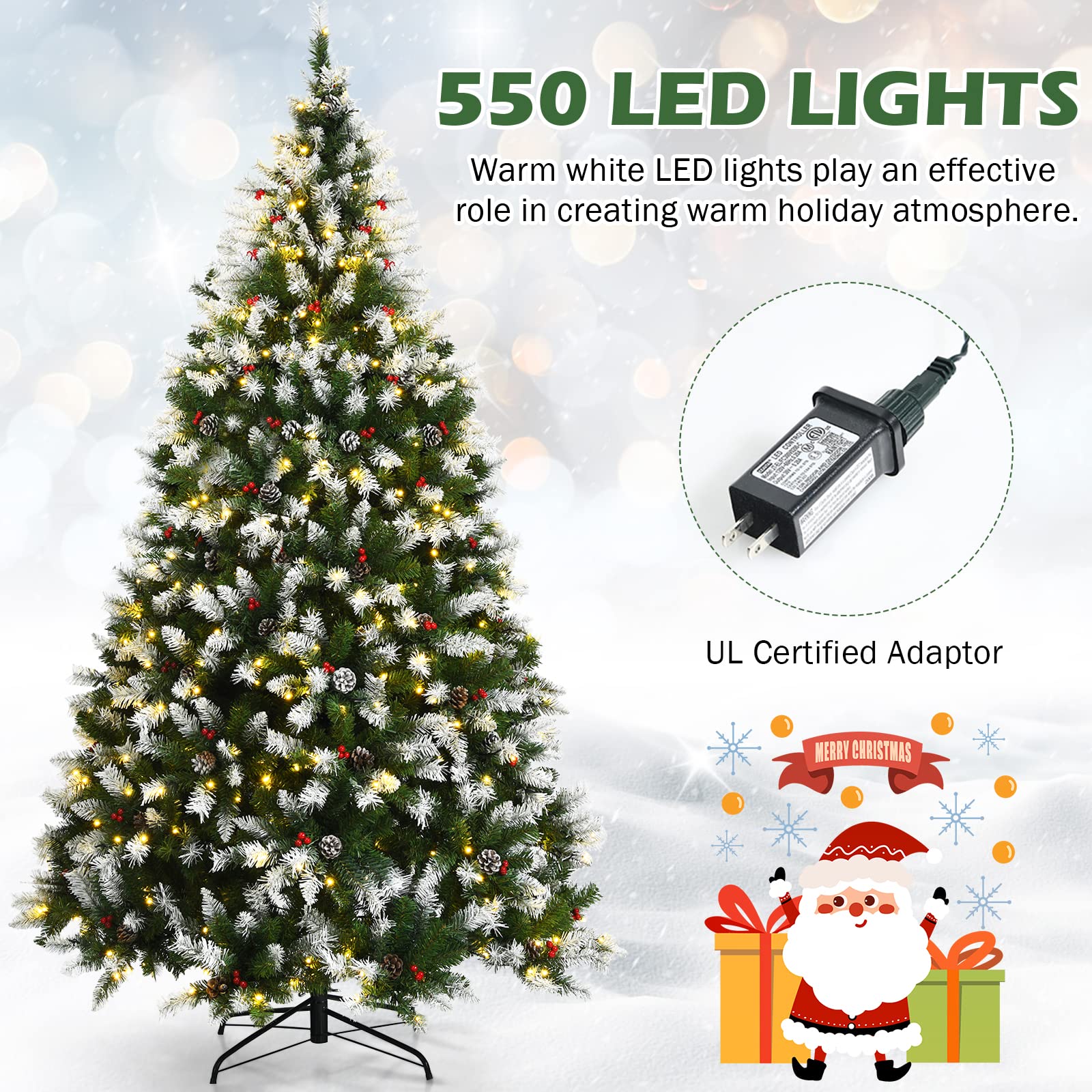 GOFLAME 7.5ft Pre-Lit Artificial Christmas Tree with 550 Warm White LED Lights, 8 Lighting Modes, Snow Flocked Hinged Branches & Sturdy Metal Stand - Perfect for Living Room, Office, and Holiday Festival Decorations