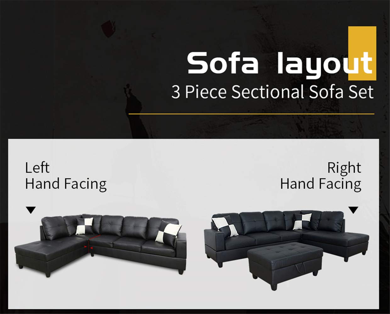 Ainehome 3-Piece L-Shaped Sectional Sofa Set with Storage Ottoman & Matching Pillows - Left-Facing Black Living Room Furniture for Small Spaces & Modern Apartments