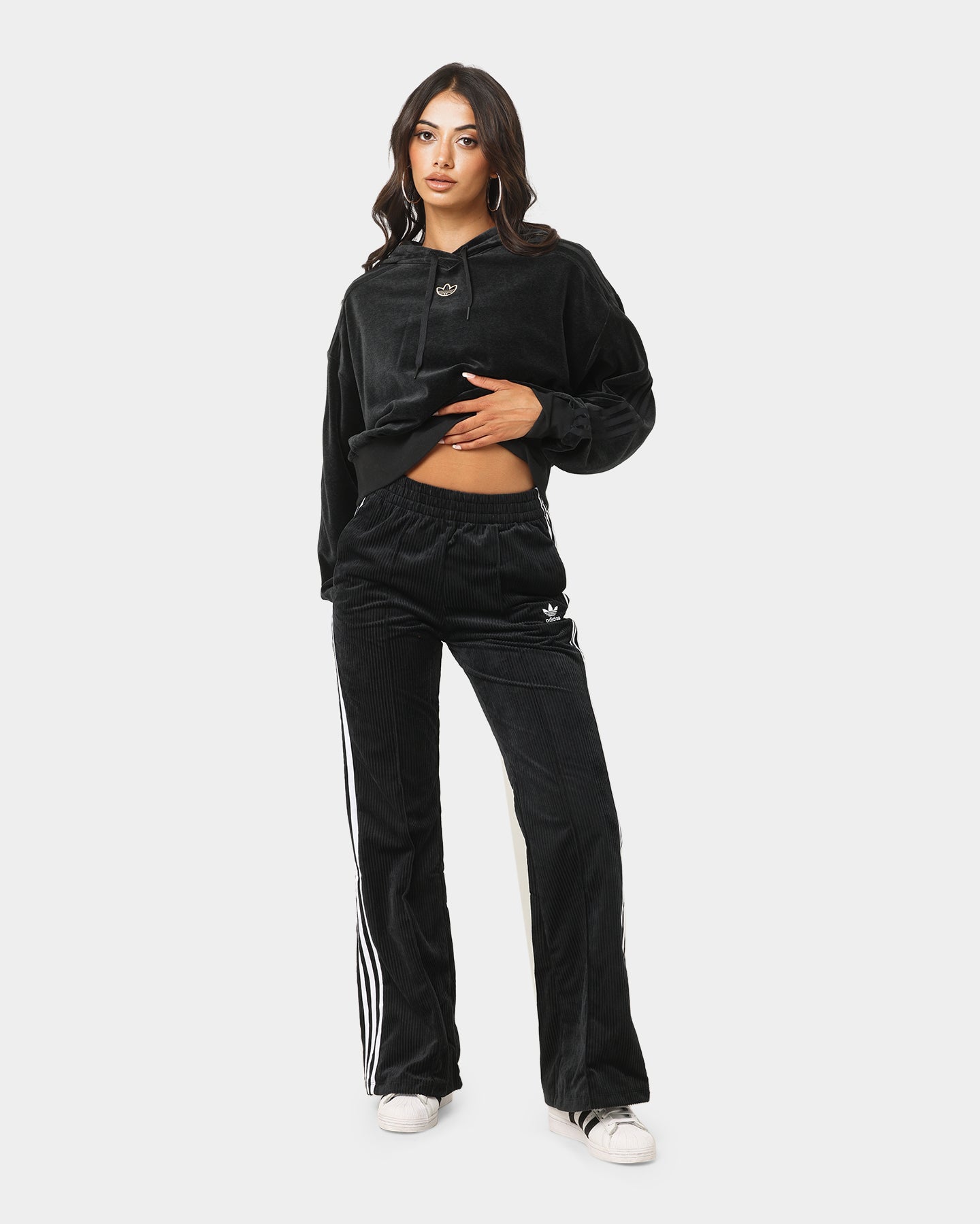 Adidas Women's Cropped Velour Hoodie - Soft & Cozy Pullover Sweatshirt for Casual Wear & Lounge Outfits | Black Melange Color