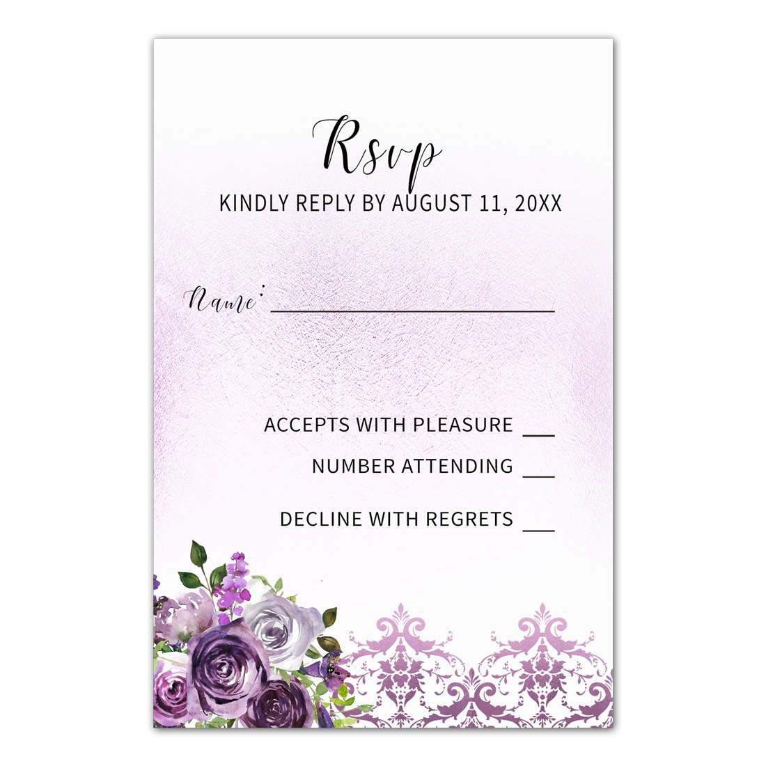 100 Elegant Purple Plum Lavender Damask Floral Wedding Invitations with Envelopes & RSVP Cards - Perfect for Romantic, Vintage & Garden Weddings