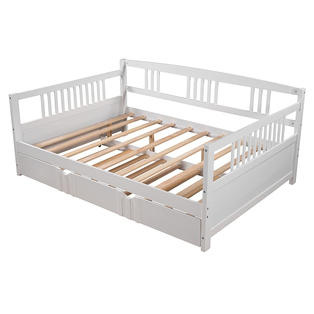Kids Daybed Sofa Bed with Pull-Out Trundle - White Pinewood Bed Frame with Guardrails & Wood Slats - Space-Saving Furniture for Small Rooms, Guest Bed or Kids Bedroom - Full Size Convertible Sleeper with Wheels