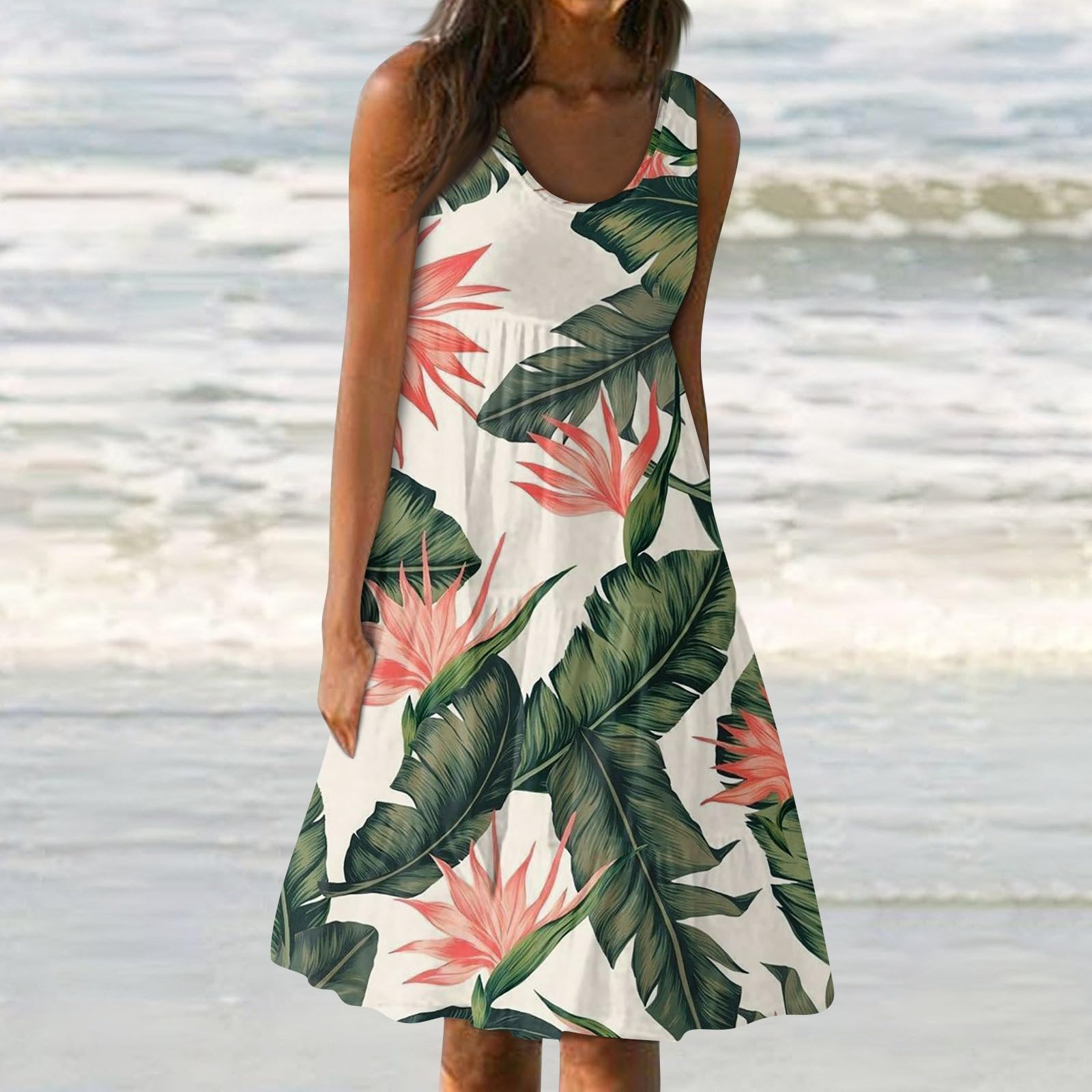 Women's Flowy Hawaiian Print Sleeveless Summer Dresses - Casual Crewneck Tank Dress with Pockets for Beach Vacation, Luau Party & Outdoor Activities