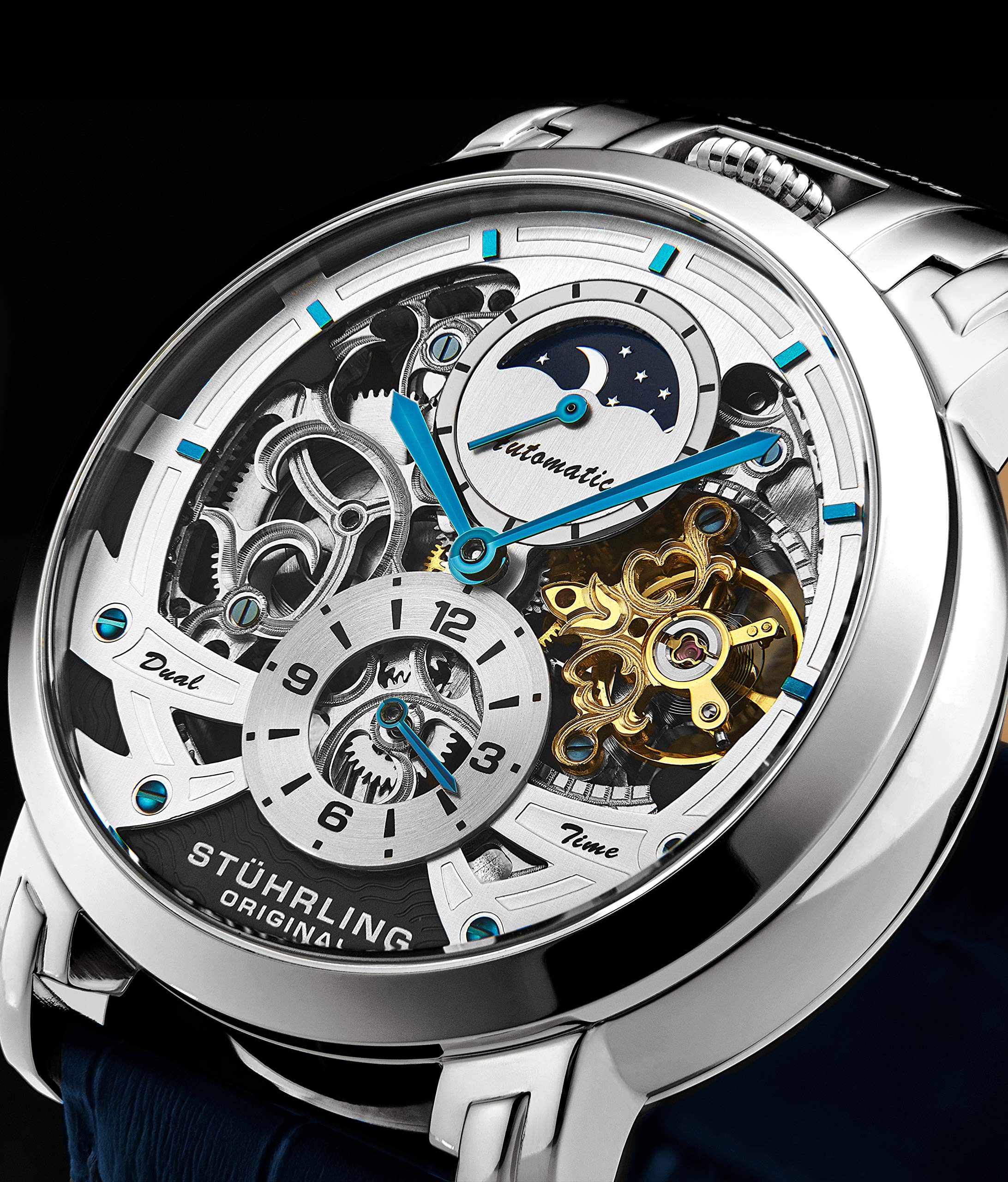 Stuhrling Original Men's Automatic Skeleton Watch - Luxury Leather Dress Watch with Stainless Steel Case - Self-Winding Mechanical Analog Watch for Men - Perfect for Business, Formal Events & Everyday Wear