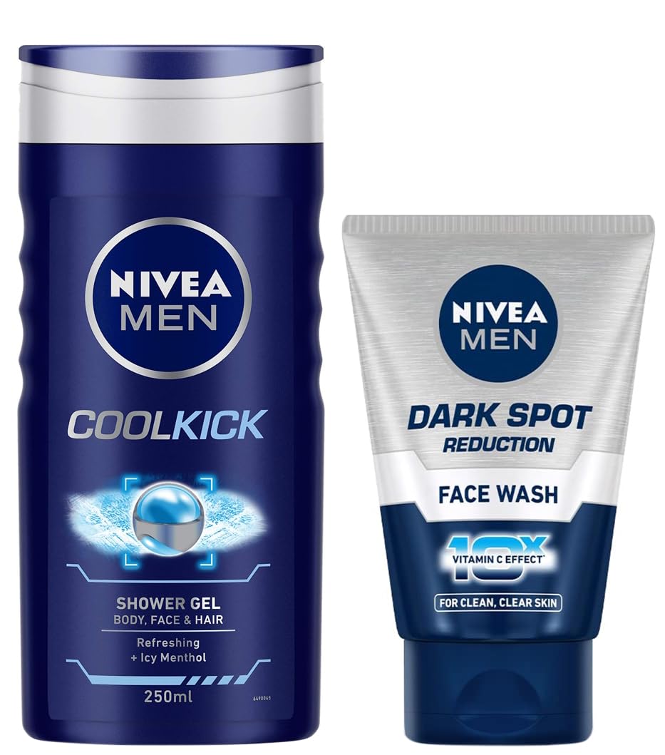 Nivea Men Face Wash & Shower Gel Set - Dark Spot Reduction & Cool Kick, 100g & 250ml - For Daily Skincare & Refreshing Shower