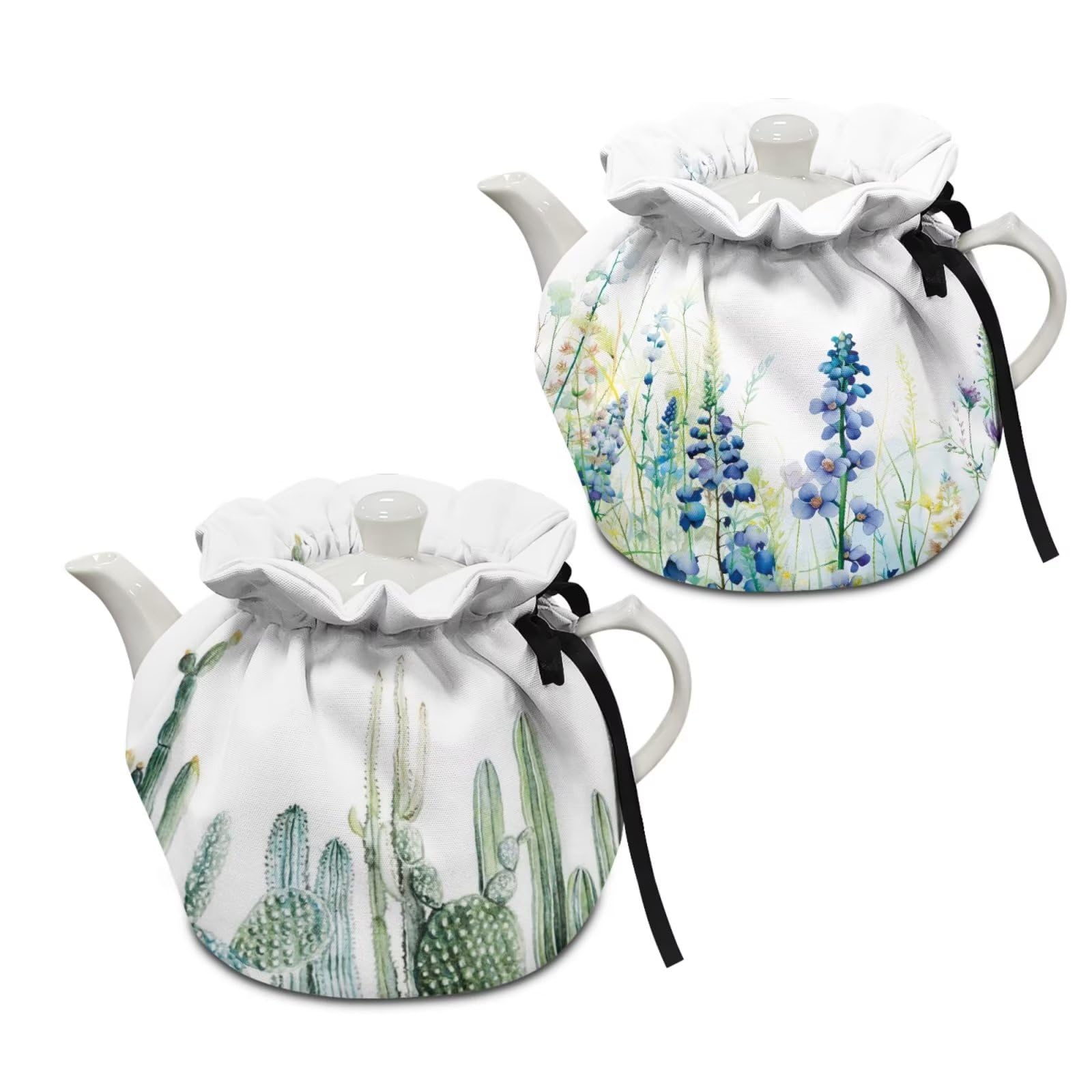 Insulated Tea Kettle Cover Set of 2 - Cactus & Purple Floral Print Teapot Cozy with Elastic Band for Heat Retention & Dust Protection | Perfect for Kitchen, Breakfast Tea Time & Home Decor