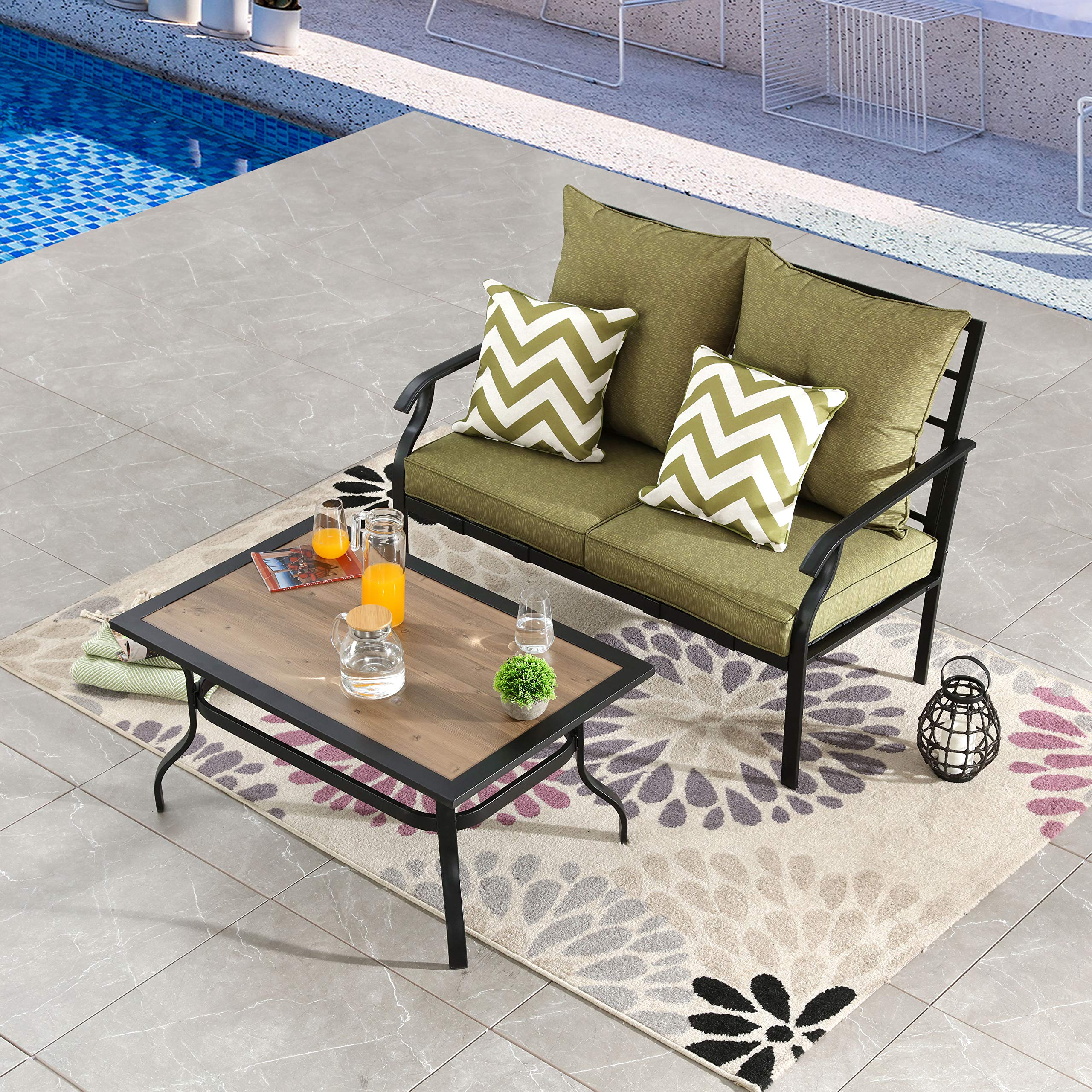 LOKATSE HOME 2-Piece Outdoor Loveseat Set with Cushions & Coffee Table - Patio Bistro Metal Bench Conversation Furniture for Garden, Backyard, Deck (Green) | Perfect for Relaxing, Entertaining Guests & Outdoor Dining
