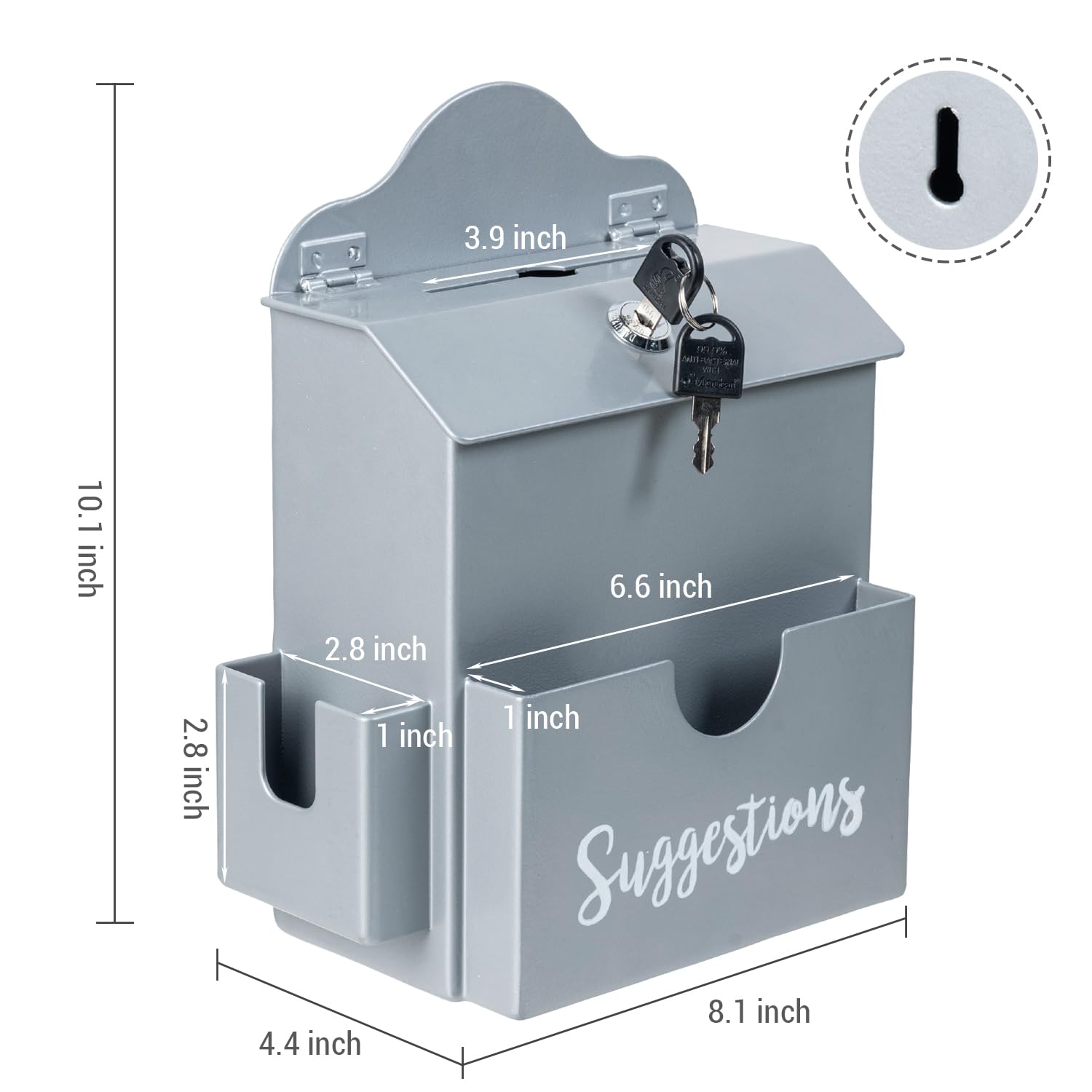 MyGift Metal Suggestion Box with Lock & Keys - Wall Mount or Tabletop Comment Box in Matte Gray - Includes Paper Sheet & Pen Holder - Perfect for Offices, Schools, and Public Spaces