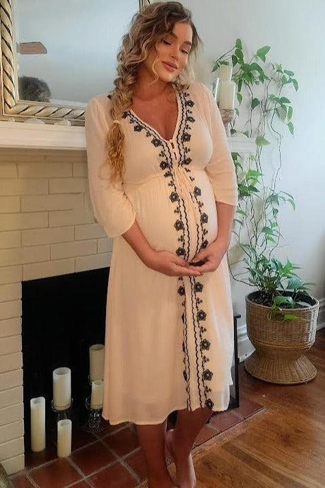 Beige Floral Embroidered 3/4 Sleeve Maternity Midi Dress for Pregnancy - Comfortable Stretchy Nursing Dress for Baby Shower, Maternity Photo Shoot & Special Occasions