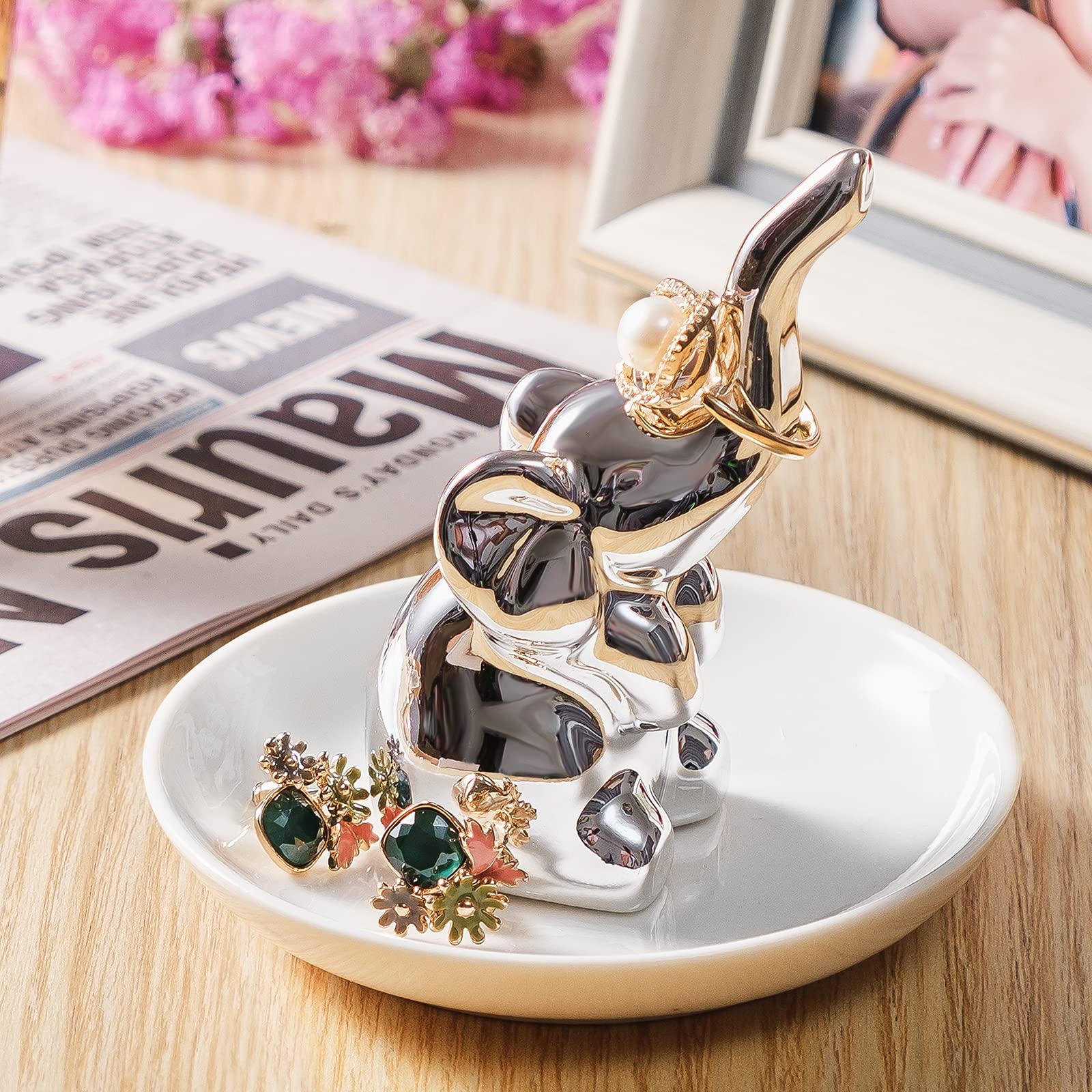 PUDDING CABIN Elephant Ring Holder - Elegant Jewelry Dish & Trinket Tray for Rings, Earrings - Perfect Women's Birthday Gift, Christmas, Wedding, Bridesmaid & Bridal Shower Present - Silver Elephant Decor for Girls & Women - Ideal for Bedroom Dresser, Bathroom Counter & Vanity Organizer