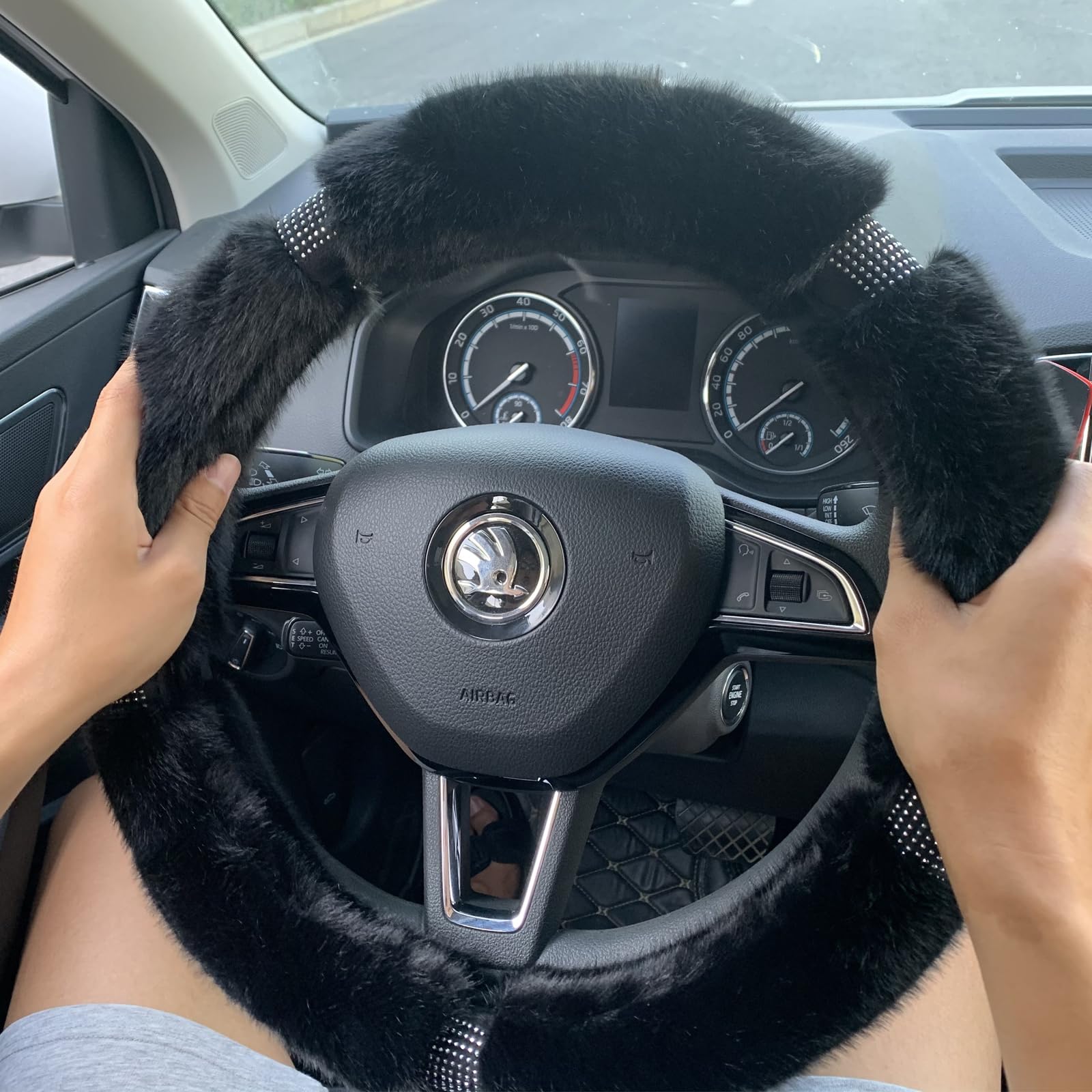 Fluffy Rhinestone Steering Wheel Cover - 15 Inch Universal Winter Warm Car Accessory for Women & Girls (Black) | Soft & Stylish for Cold Weather Driving Comfort