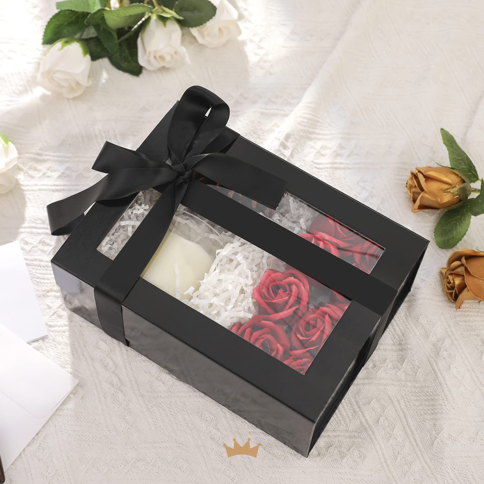 Premium Black Gift Box with Clear Window - 9x6.5x3.8 Inches Magnetic Closure Present Box Includes Ribbon & Card - Groomsmen Proposal Box, Birthday Gifts, Wedding Favors, Jewelry Packaging - Elegant Glossy Finish for Special Occasions