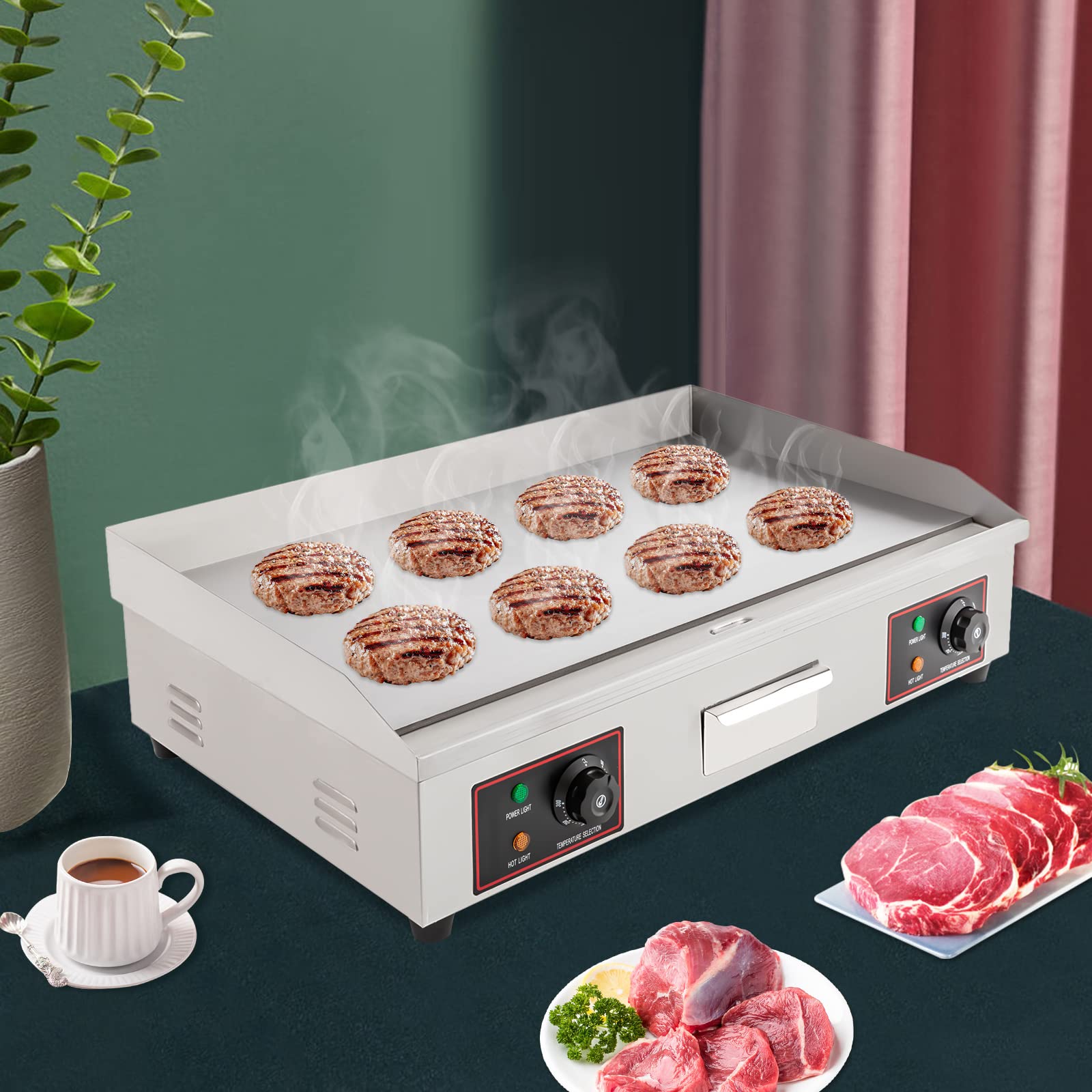 Commercial 3000W Electric Griddle - 110V Stainless Steel Flat Top Grill with Adjustable Temperature Control (122-572°F) - Heavy Duty Countertop Griddle for Restaurant, Kitchen, Food Truck & Catering - Perfect for Pancakes, Burgers, Steaks & Large Batch Cooking