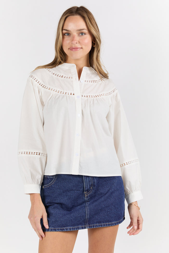 Elegant Ivory Ladder Detail Long Sleeve Woven Blouse for Women - Perfect for Office Wear, Date Nights & Special Occasions