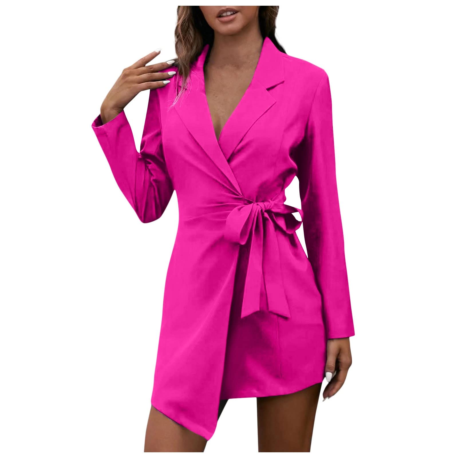 Tantisy Women's Solid Color Open Front Cardigan Mini Dress - Tie Waist Lapel Long Sleeve Slim Outwear for Casual Wear, Office & Date Night