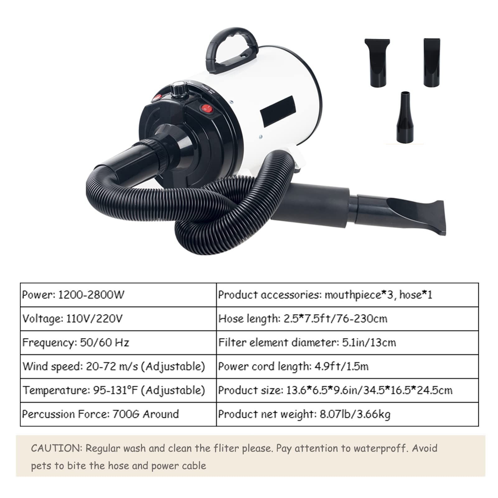 Professional Dog Dryer - High Velocity Pet Hair Dryer Blower with Noise Reduction & Adjustable Speed | Quick Grooming for Small, Medium & Large Dogs & Cats | Perfect for Post-Bath Drying & Professional Grooming Salons