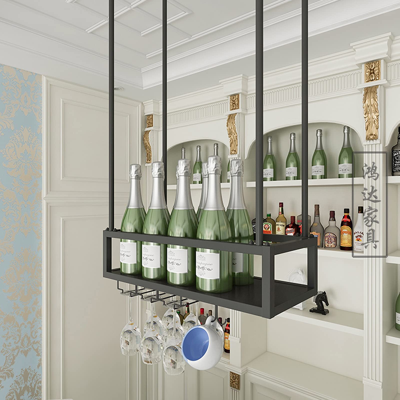 Wrought Iron Hanging Wine Rack & Glass Holder - 60/80/100/120/140cm Ceiling Mounted Storage for Bar, Restaurant, Kitchen - Perfect for Space-Saving Wine Display & Glass Organization (120x25x21cm)