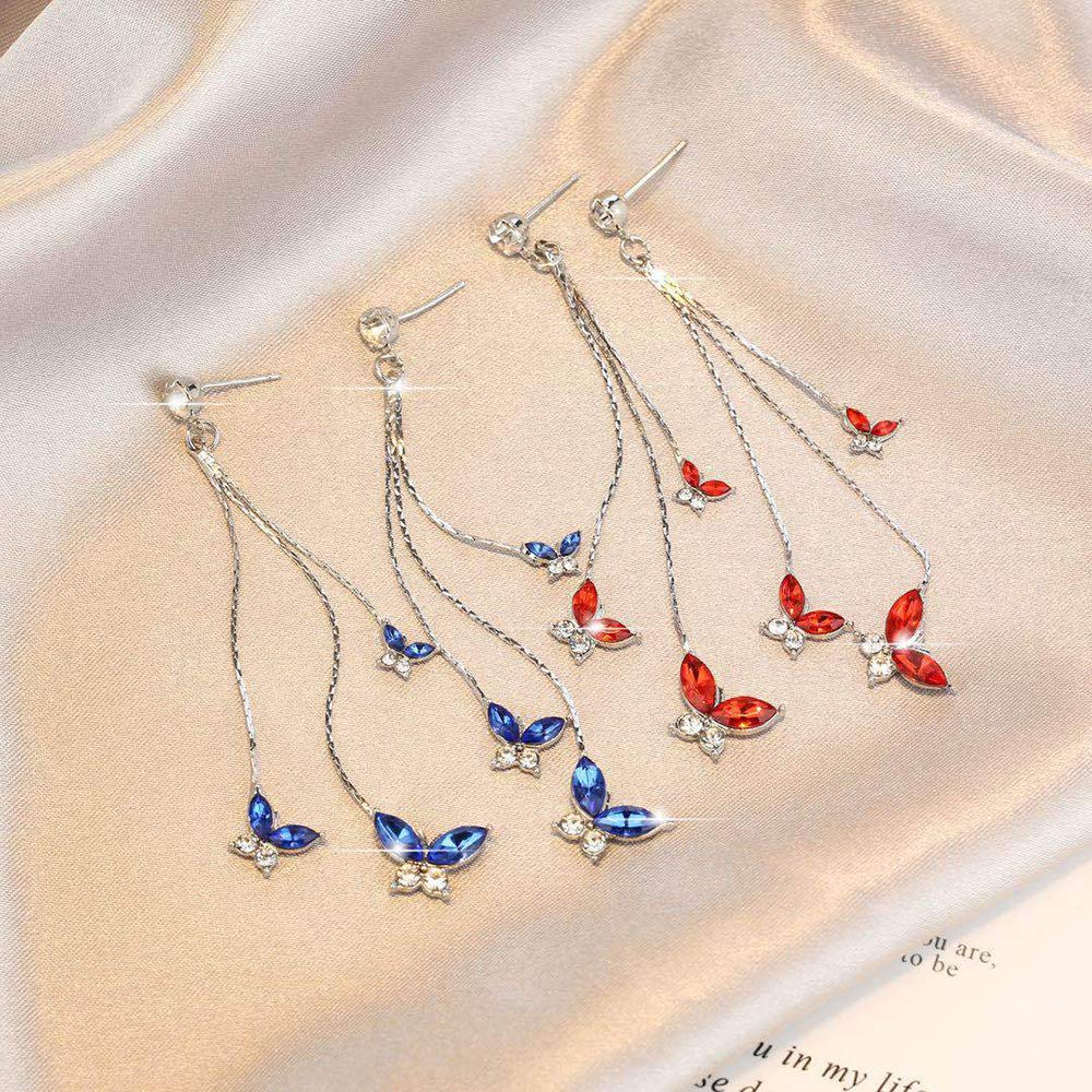 Zircon Butterfly Tassel Earrings for Women - Long Dangle Earrings with Crystal & Imitation Pearl - Rhinestone Drop Earrings for Party, Wedding & Evening Wear