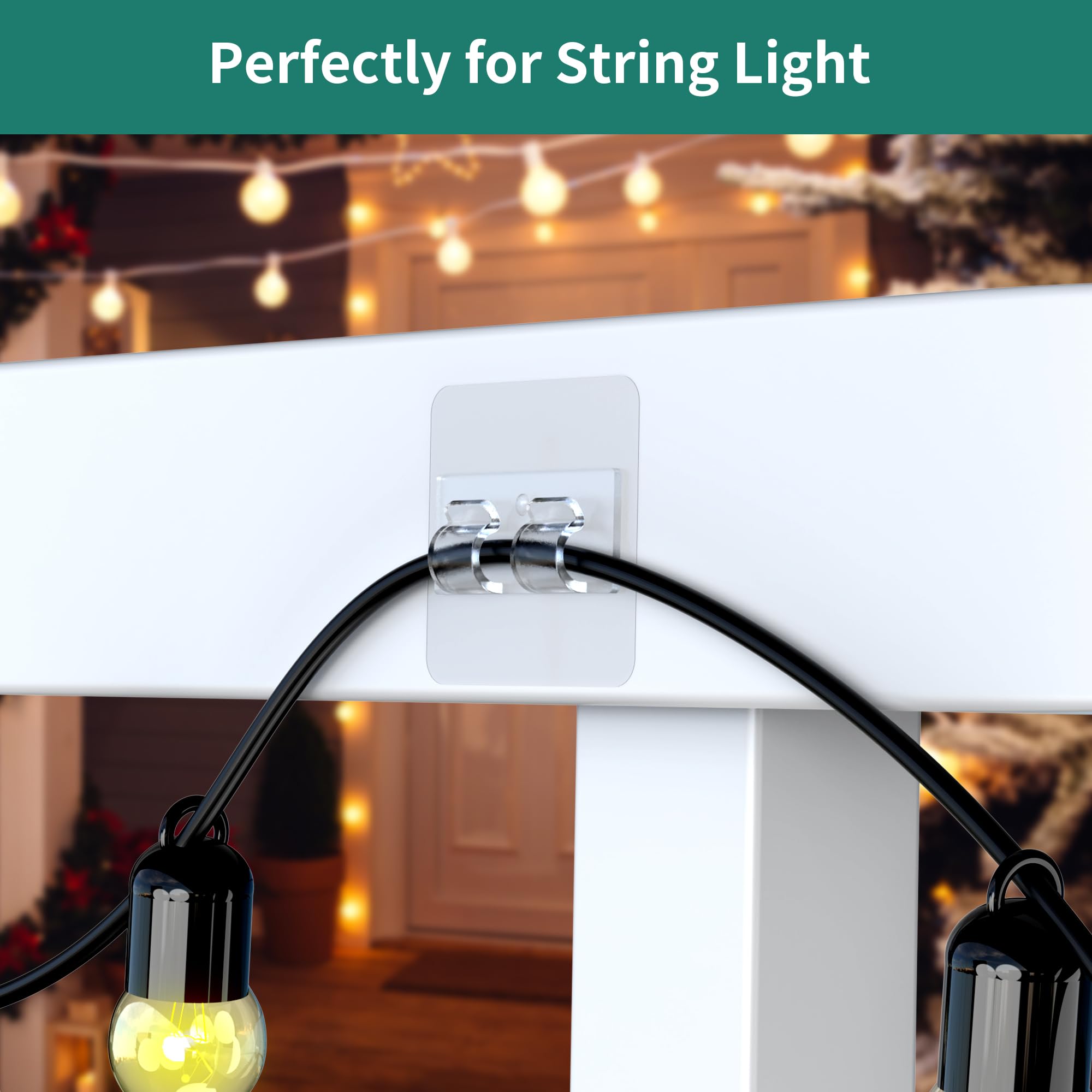 HomeMount Outdoor String Light Hooks - 16Pcs Large Adhesive Wall Strips for Hanging Patio Lights, Fence Decor, Christmas & Halloween Decorations (2.15 x 2.15 inch Strong Adhesive) - Perfect for Backyard, Garden, Pergola & Party Lighting