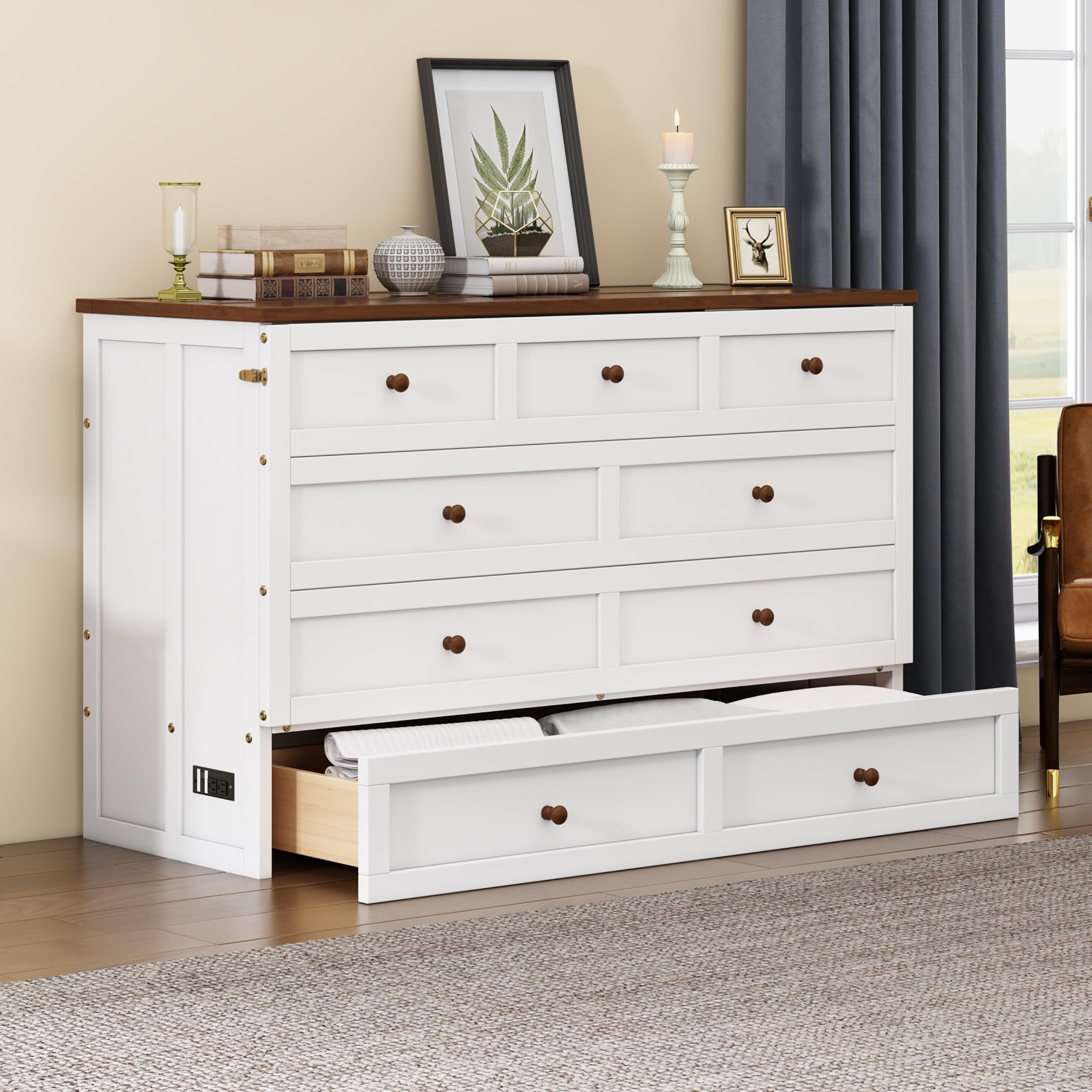 Queen Size Murphy Bed Cabinet with USB Charging Station & Large Storage Drawer - Solid Wood Wall Bed Frame, Foldable Space Saving Design for Small Rooms - Perfect for Home Office, Guest Room or Studio Apartment (White & Walnut Finish)