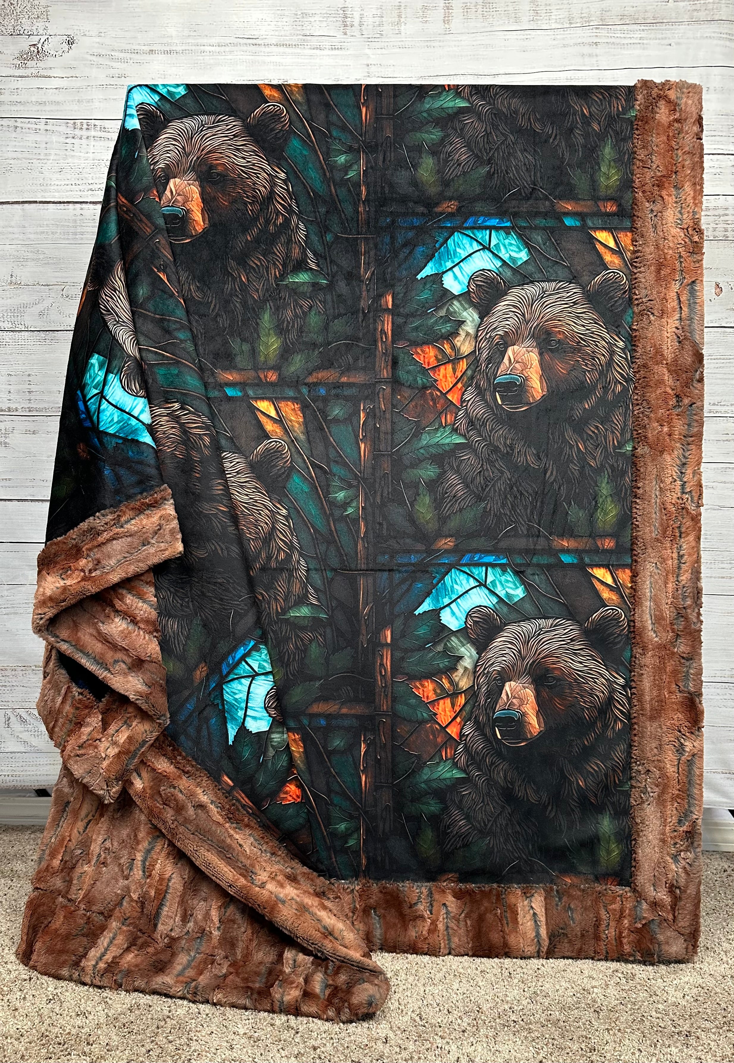 Stained Glass Bear Rustic Copper Luxury Large 57x79 Minky Blanket - Soft Plush Throw for Bedroom Decor, Cozy Gift for Home & Nursery