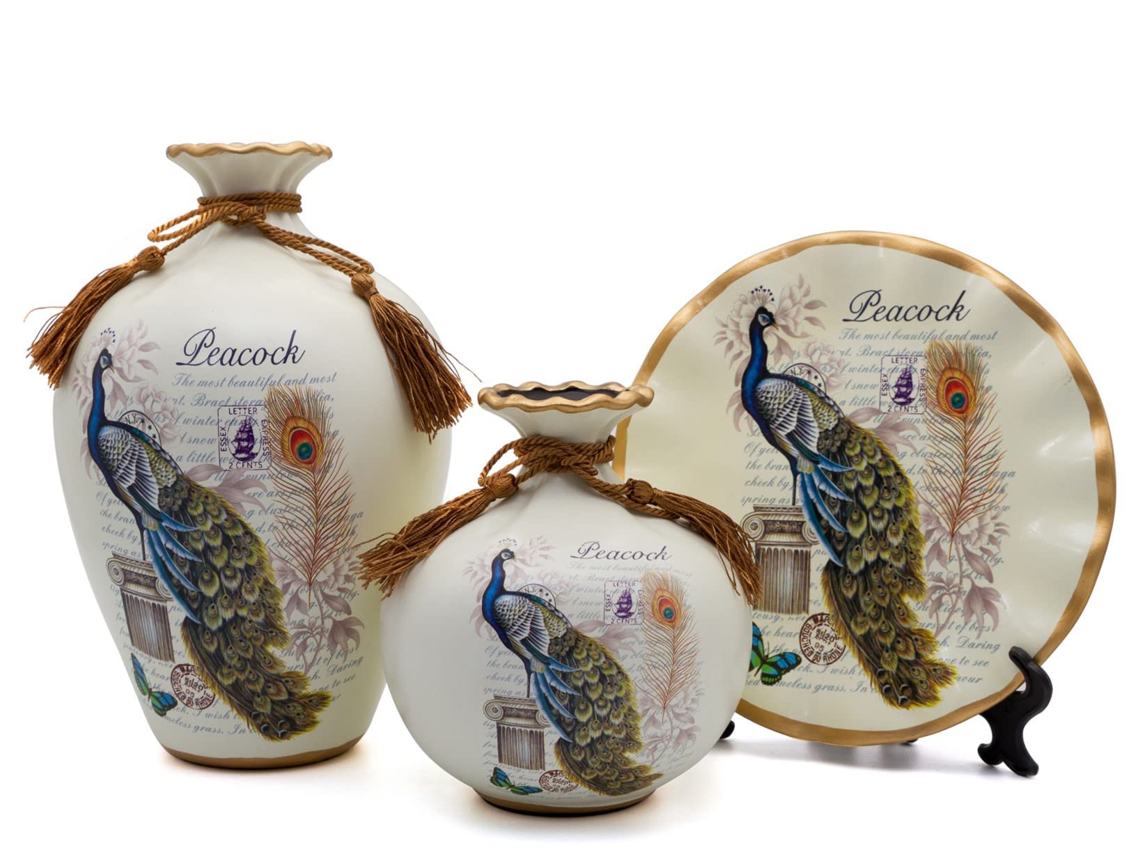 3-Piece Ceramic Vase Set with Peacock Design - Elegant Home Decor for Living Room, Dining Table & Wedding Centerpieces