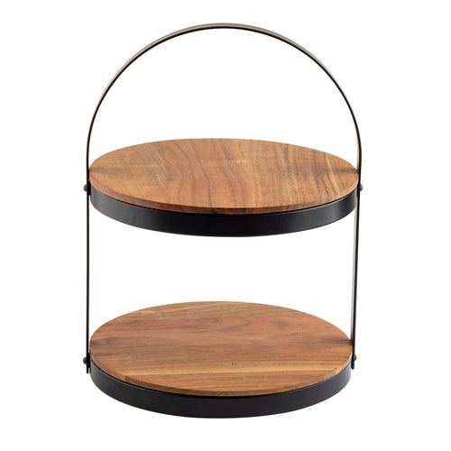 2-Tier Acacia Wood & Black Metal Collapsible Display Stand - 12