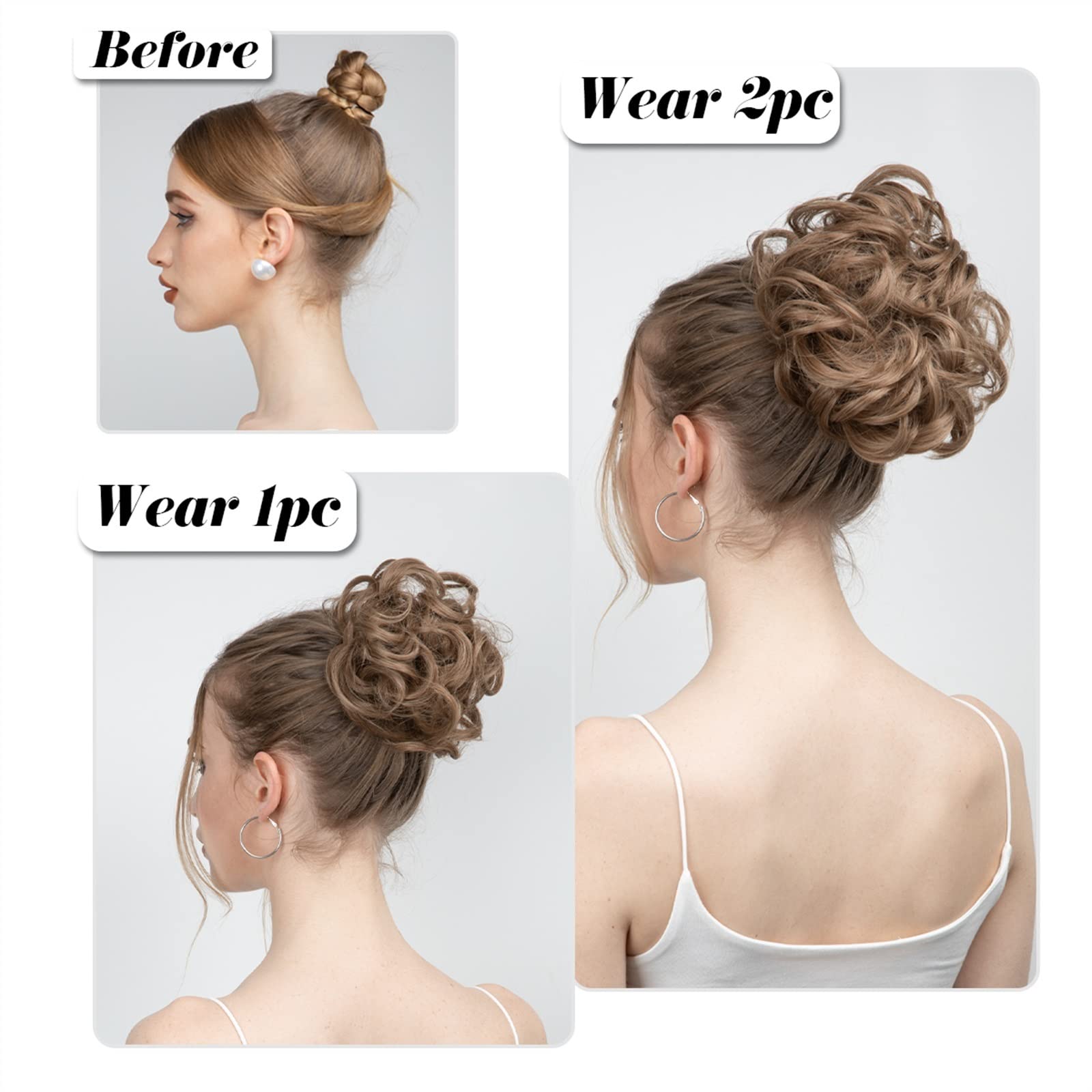 1PC Synthetic Hair Bun Extension - Messy Curly Elastic Scrunchies Hairpiece for Women | Chignon Donut Updo | Light Ash Brown | Perfect for Parties, Weddings & Everyday Styling