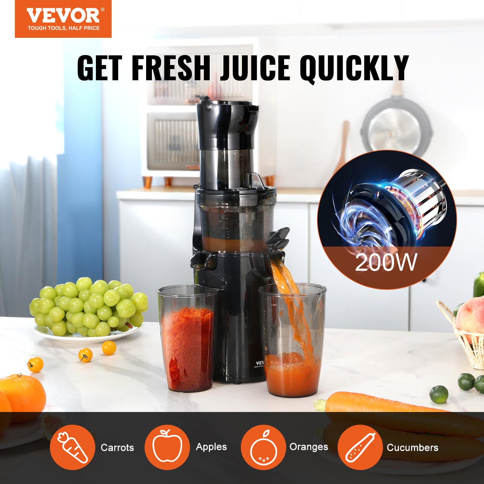 VEVOR Slow Masticating Juicer - Cold Press Juicer Machine with High Juice Yield, Easy to Clean with Brush - Perfect for Fruits, Vegetables, Wheatgrass & Healthy Juicing at Home, Gym or Office