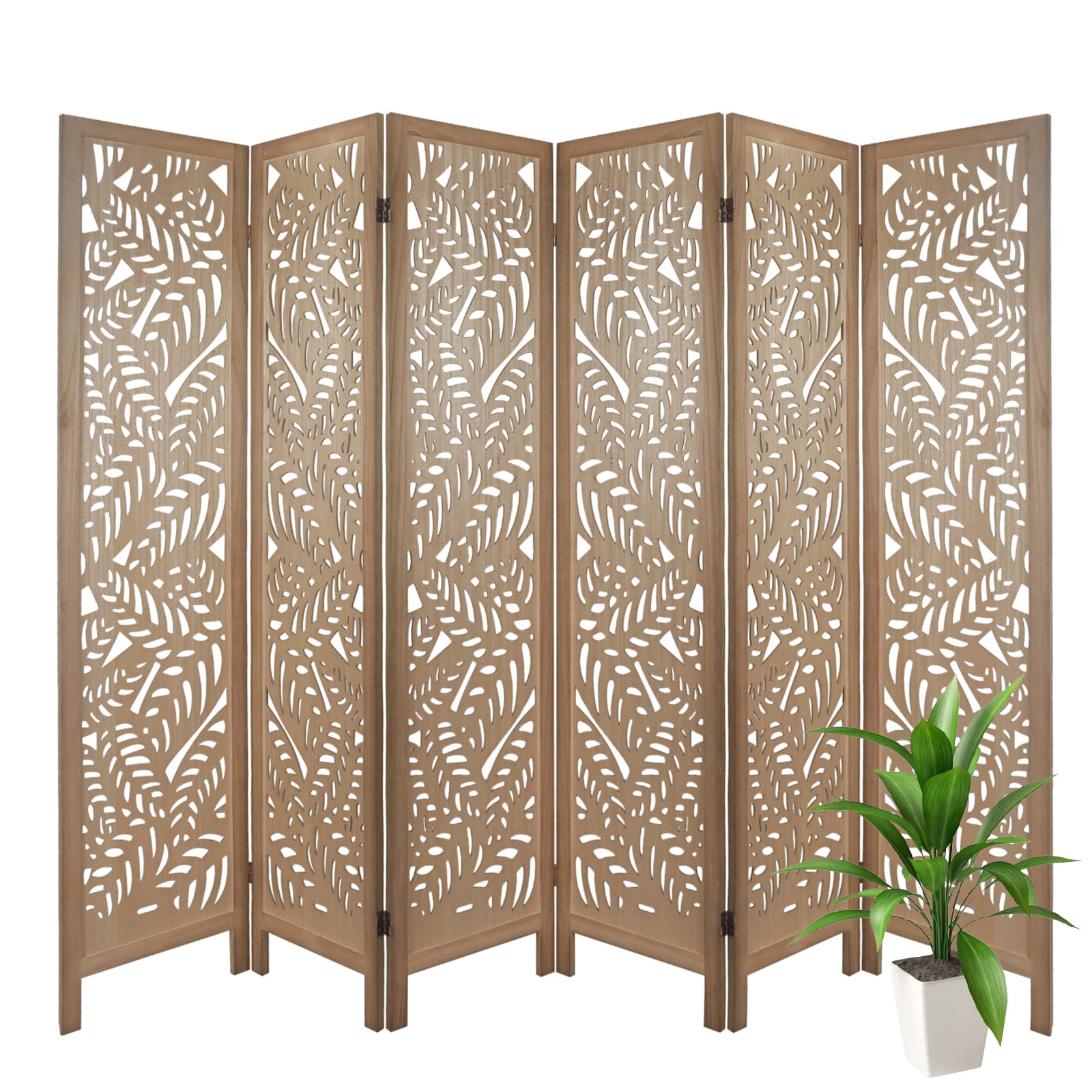 6 Panel Wooden Room Divider with Leaf Pattern - Hand Carved Folding Privacy Screen, Freestanding Partition for Home Decor, Bedroom, Office & Studio - Natural Home Decoration & Space Separator