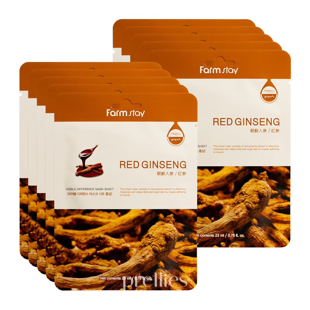 Farmstay Visible Difference Red Ginseng Mask Pack (10 Sheets) - Hydrating & Anti-Aging Face Mask for Glowing Skin - Korean Skincare for Dry Skin & Wrinkles - Perfect for Daily Use & Spa Nights