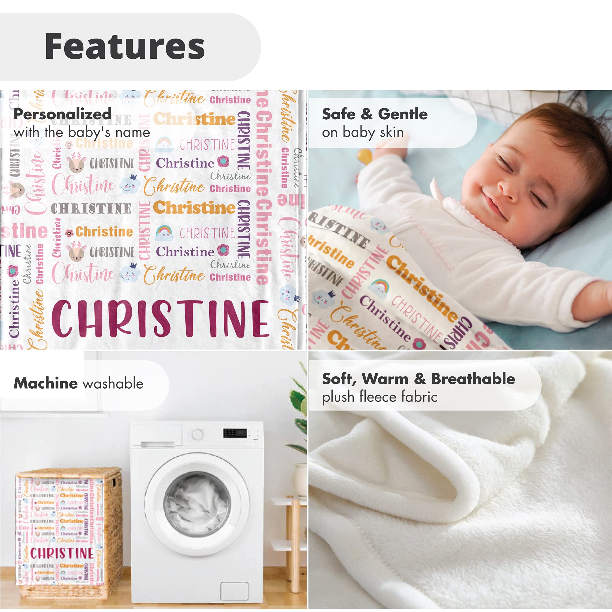 Personalized Baby Blankets for Girls with Name - Custom Monogram Fleece Blanket - Soft Newborn Gift for Baby Shower, Christening & Nursery Decor (Girl)