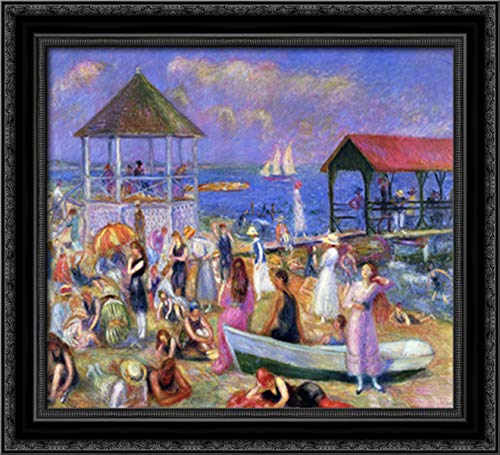 William James Glackens Beach Scene New London 22x20 Framed Canvas Art - Black Ornate Wood Wall Decor for Living Room, Bedroom & Coastal Home Decor