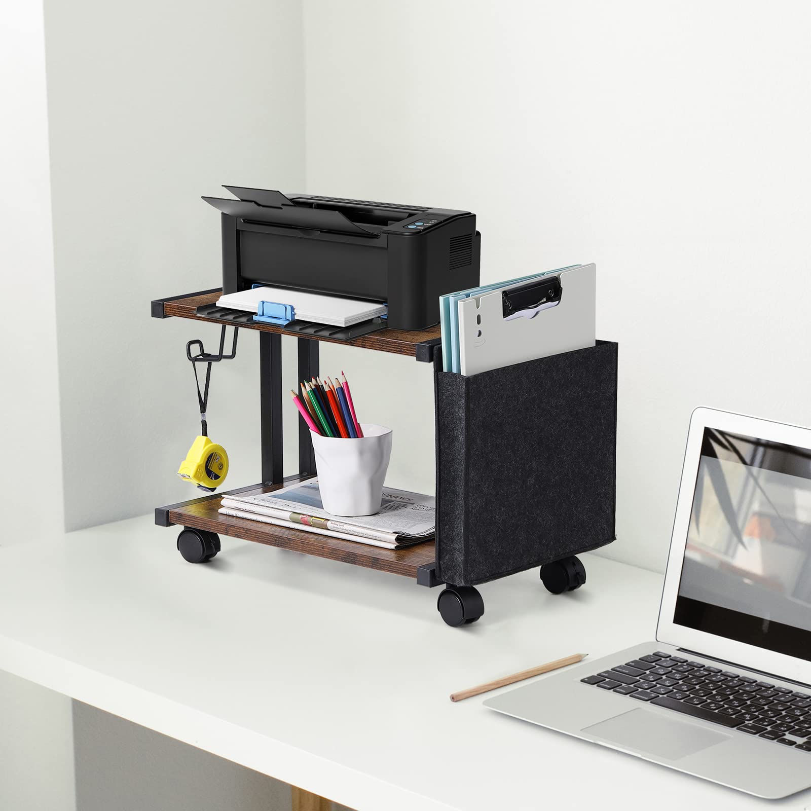 2-Tier Rolling Printer Stand with Storage Bag - Under Desk Mobile Printer Table for Fax Machine, Scanner & Files - Compact Desktop Shelf with Wheels (Brown) - Perfect for Home Office & Small Workspaces
