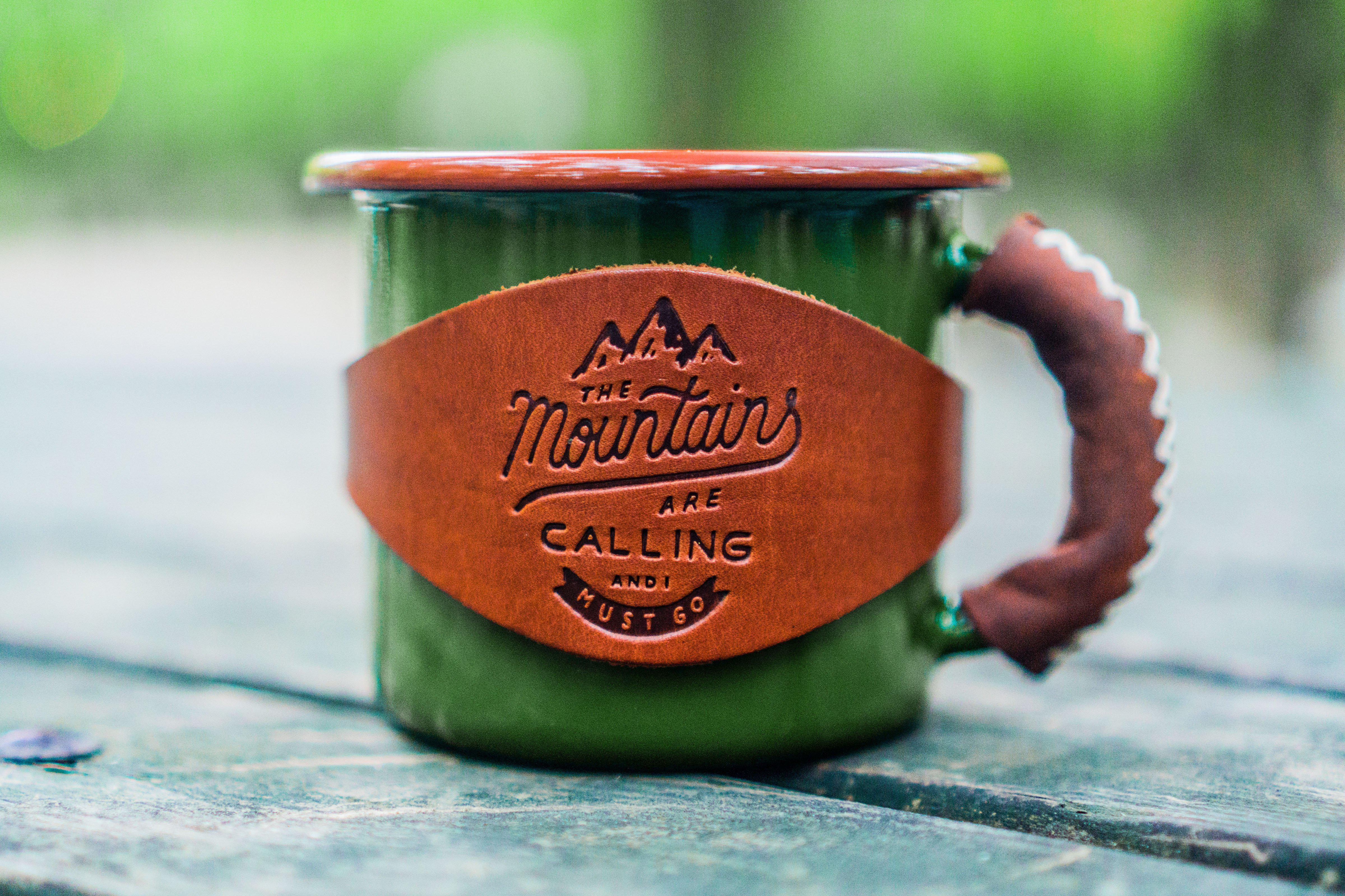 Durable Enamel Mug with Leathered Handle - Green Camping Coffee Cup for Outdoor Adventures, Picnics & Home Use