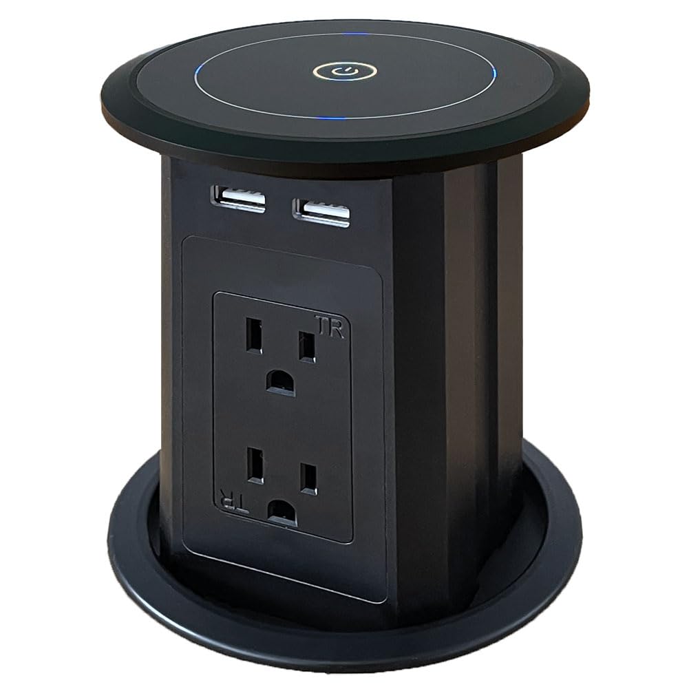 ZESHAN Dual-Sided Pop-Up Power Outlet with Wireless Charger - 4 AC Outlets, USB-A & USB-C Ports - Black - Perfect for Kitchen Countertops, Office Desks & Home Workspaces
