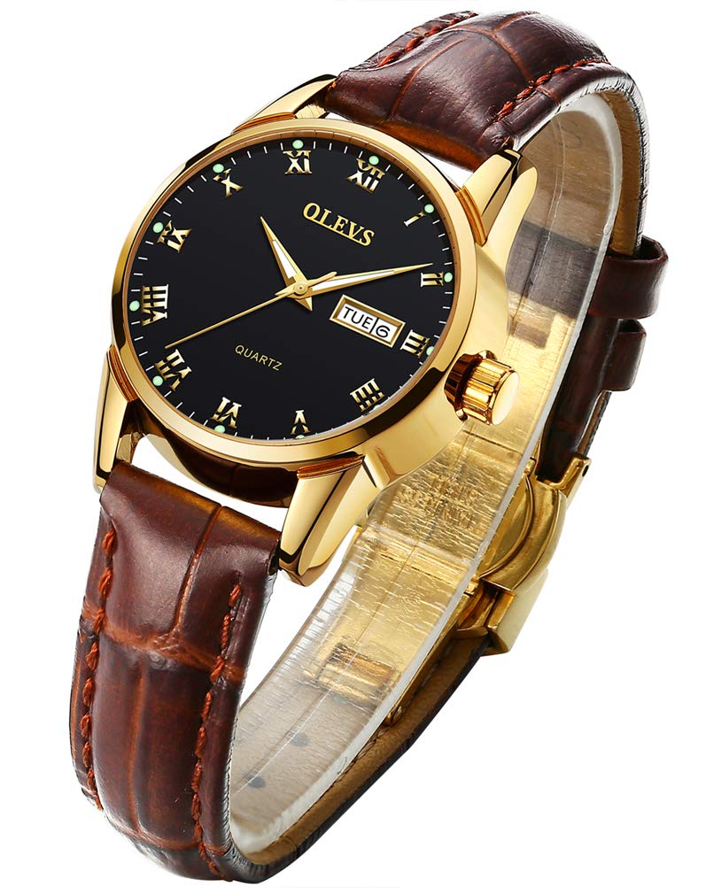 OLEVS Women's Business Dress Watch - Brown Leather Strap, Large Face Analog Quartz Watch with Calendar, Day & Date Display, Waterproof & Luminous - Perfect for Office, Formal Events & Everyday Wear