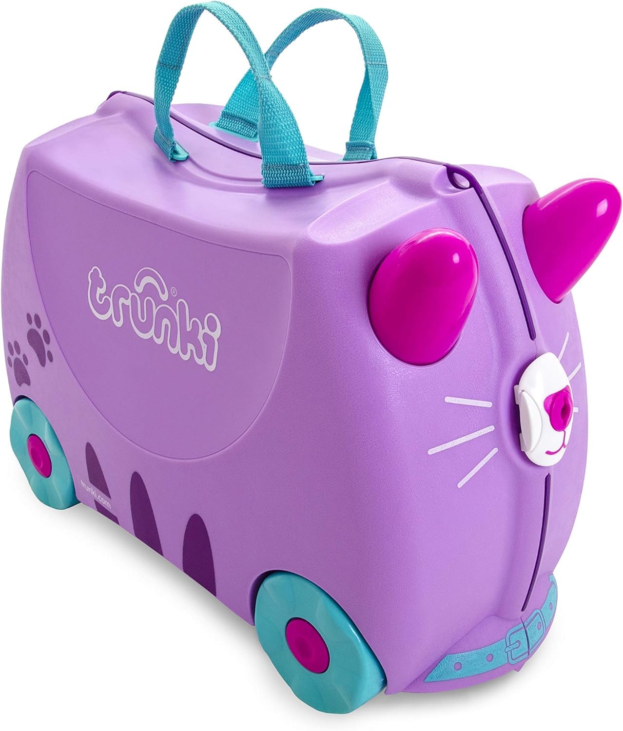 Trunki Ride-On Kids Suitcase - Toddler Luggage with Wheels, Carry-On Travel Bag for Airplane - Cute Cassie Cat Lilac Design - Perfect for Family Trips, Air Travel & Preschool Adventures