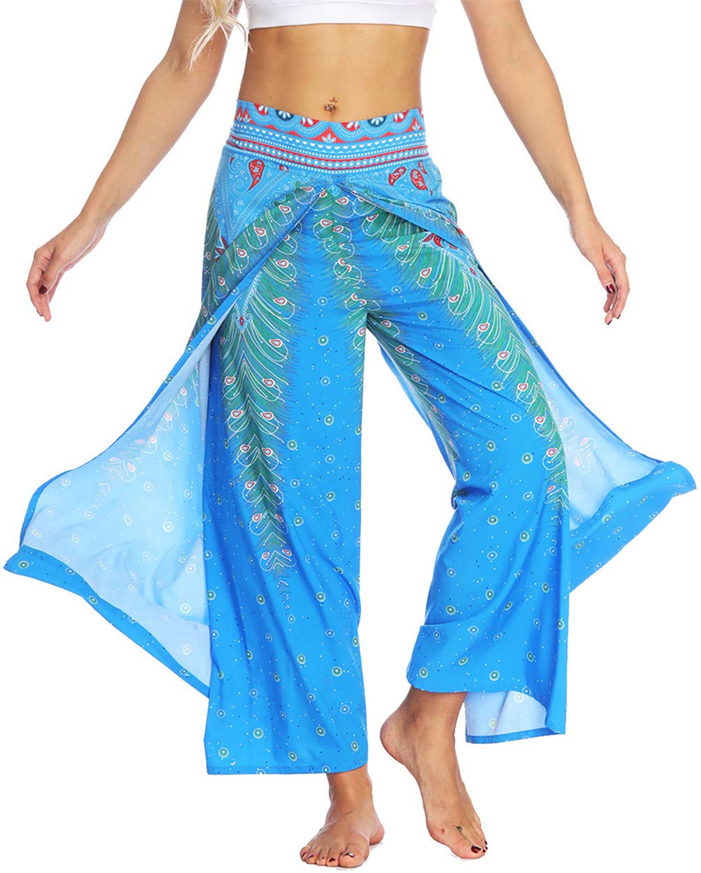 GLUDEAR Women's Boho Printed Palazzo Yoga Pants with Side Split - High Waisted Wide Leg Workout Lounge Pants for Yoga, Running, Gym & Casual Wear