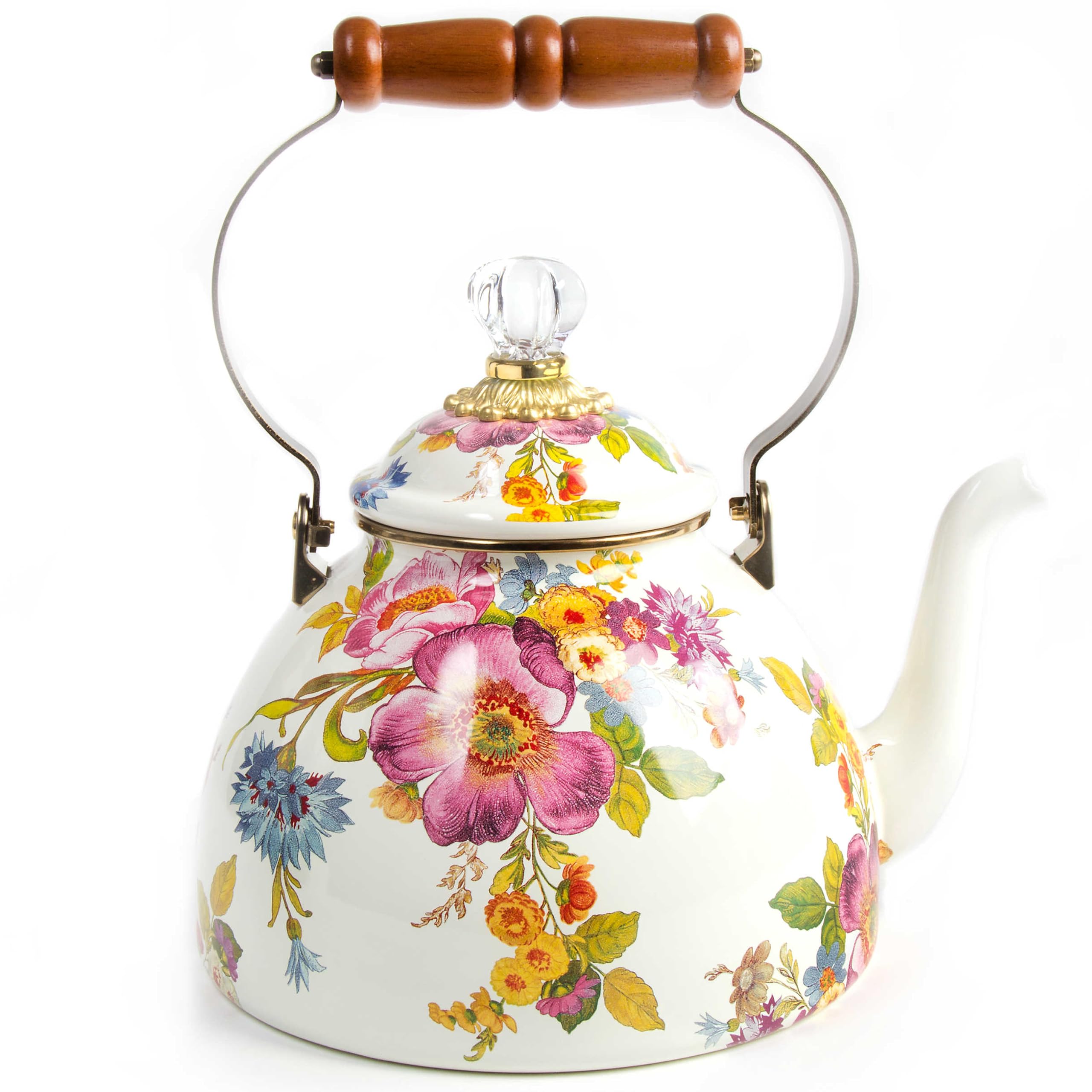 MACKENZIE-CHILDS Enamel Tea Kettle - 3 Quart Stovetop Kettle with White Flower Market Design | Vintage Style Tea Pot for Gas & Electric Stoves | Perfect for Home Kitchen, Afternoon Tea, and Gift Giving