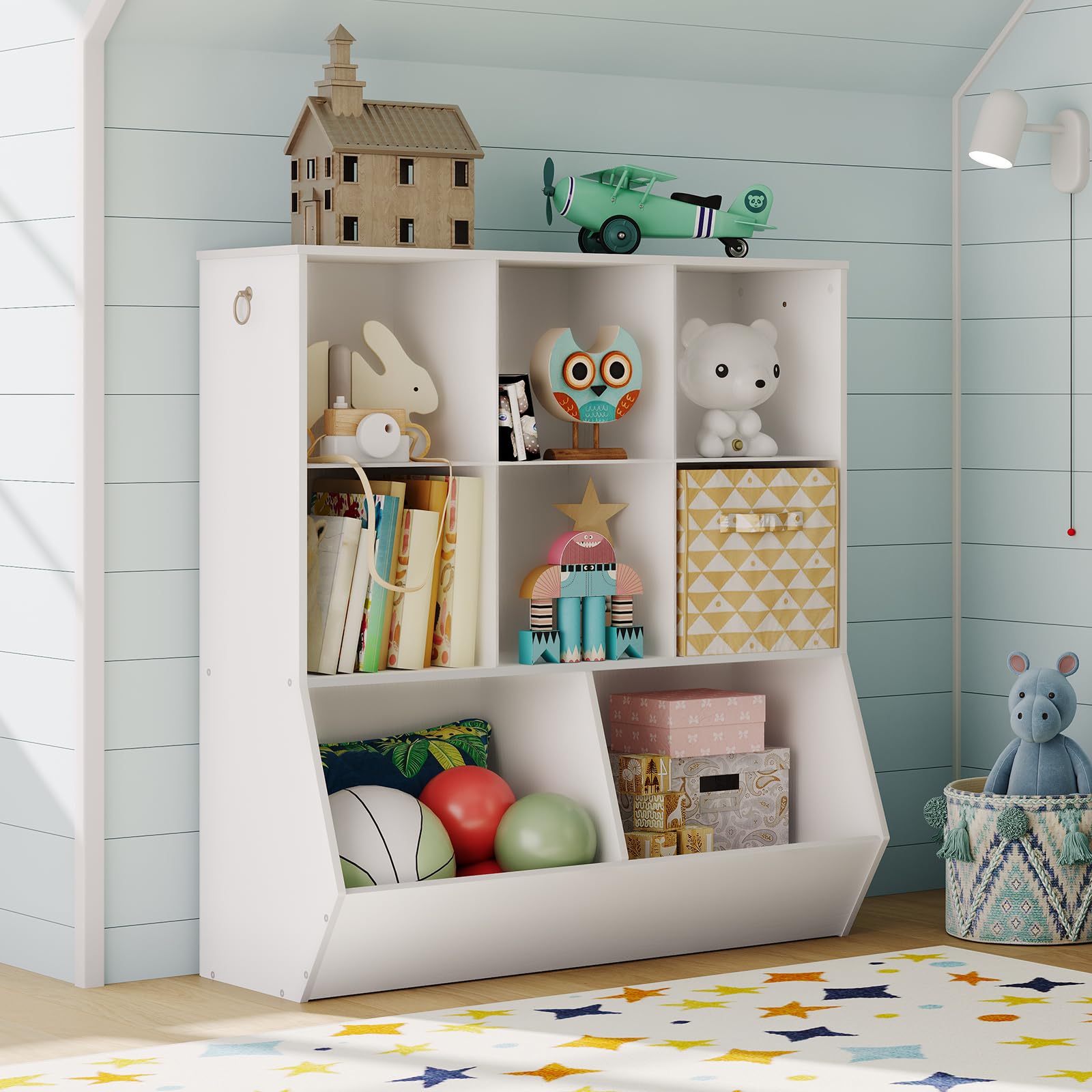 HOOBRO Kids Bookshelf and Toy Storage Organizer - 8-Cubicle Bookcase with Footboard for Playroom, Bedroom, Nursery & School - White WT35CW01G1 | Perfect for Organizing Children's Books, Toys & Learning Supplies in Home or Classroom