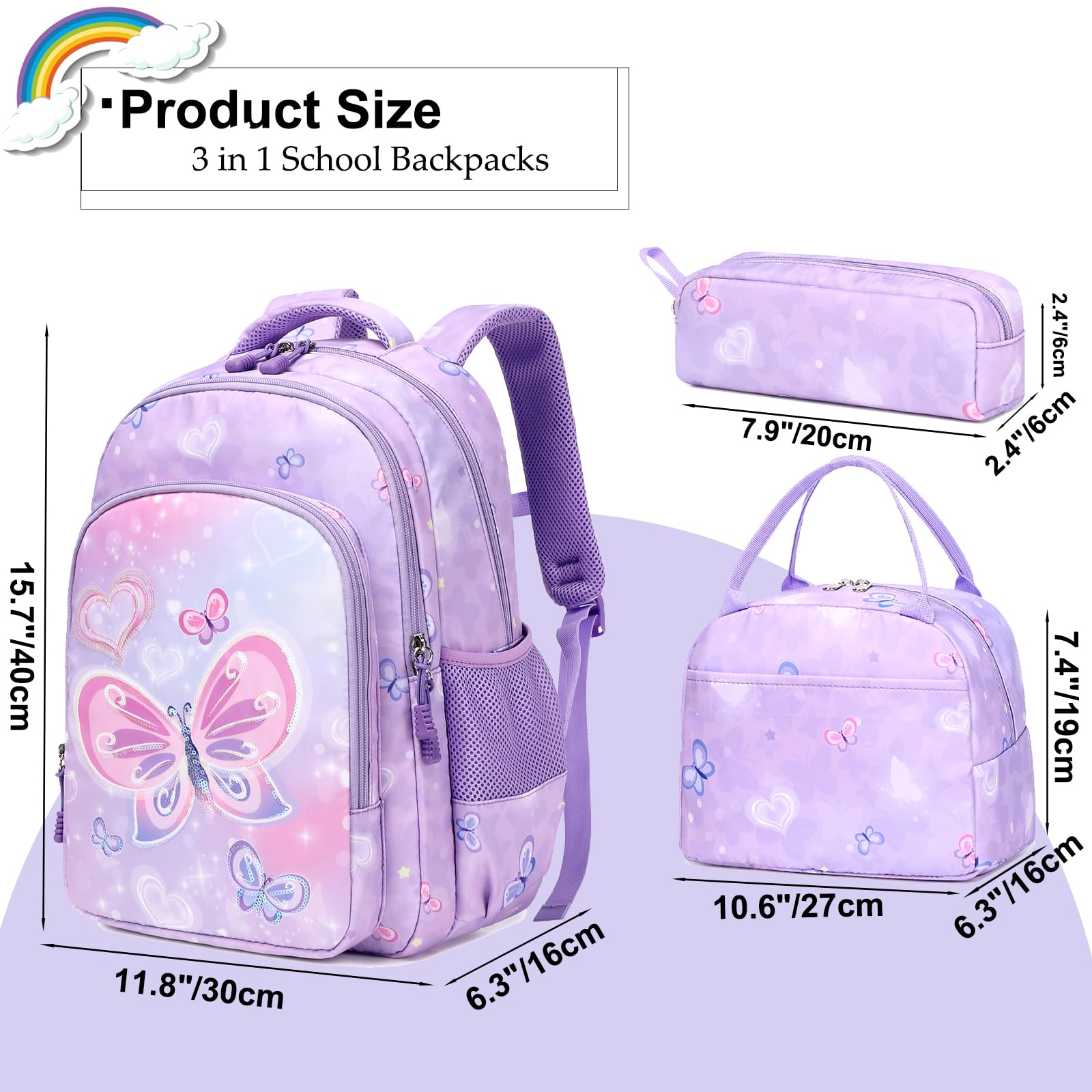 Unicorn Backpack for Girls - 3 in 1 School Bookbag Set with Pencil Case & Lunch Box | Cute Elementary Backpack for School, Travel & Daily Use