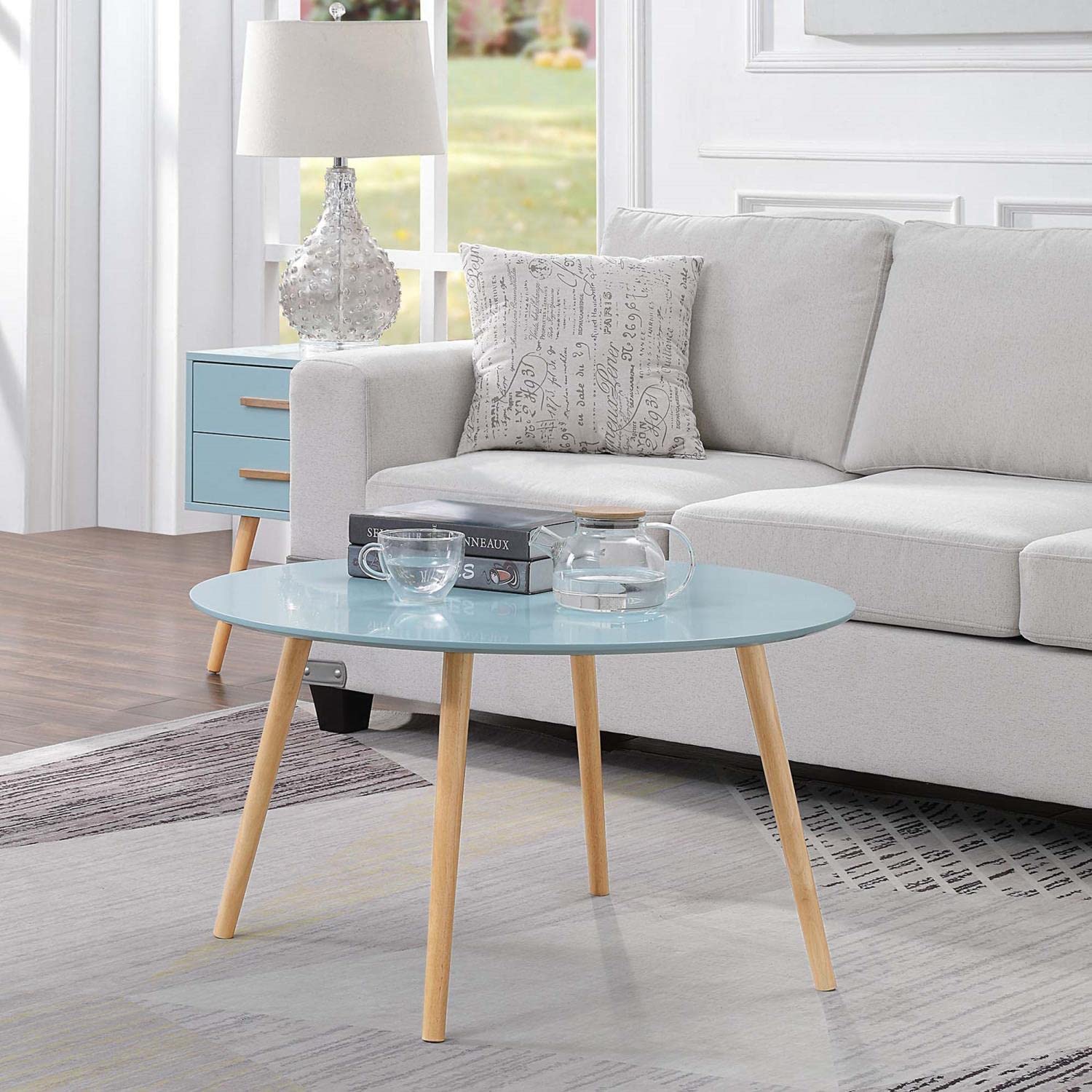 Convenience Concepts Oslo Round Coffee Table - 36 Inch Modern Scandinavian End Table with Storage Shelf in Sea Foam Green for Living Room, Bedroom & Office