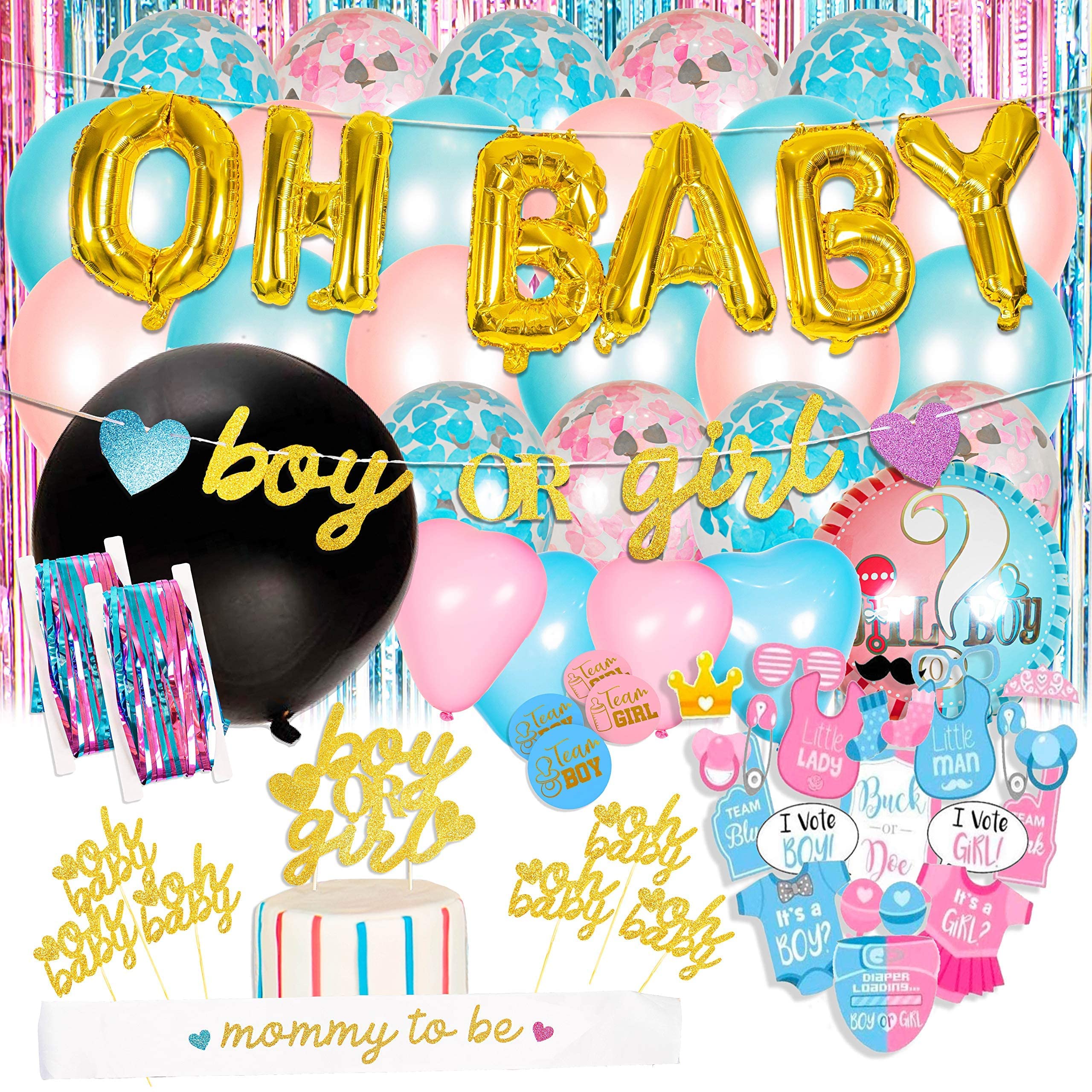 Gender Reveal Party Supplies - 116pcs Balloons, Banner, Props for Baby Shower & Celebrations