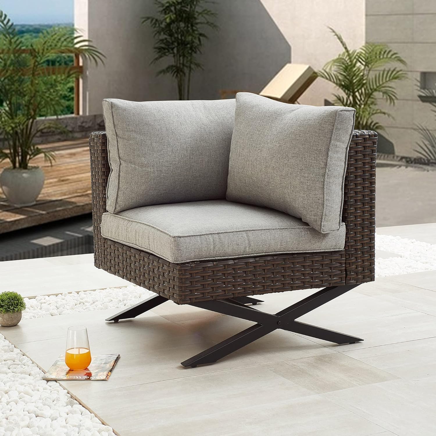 LOKATSE HOME Rattan Corner Sofa with X-Shape Legs & Cushions - Outdoor Patio Furniture, Right-Arm Lounge Chair for Garden, Poolside, Backyard - Brown Wicker Seating for Relaxing & Entertaining