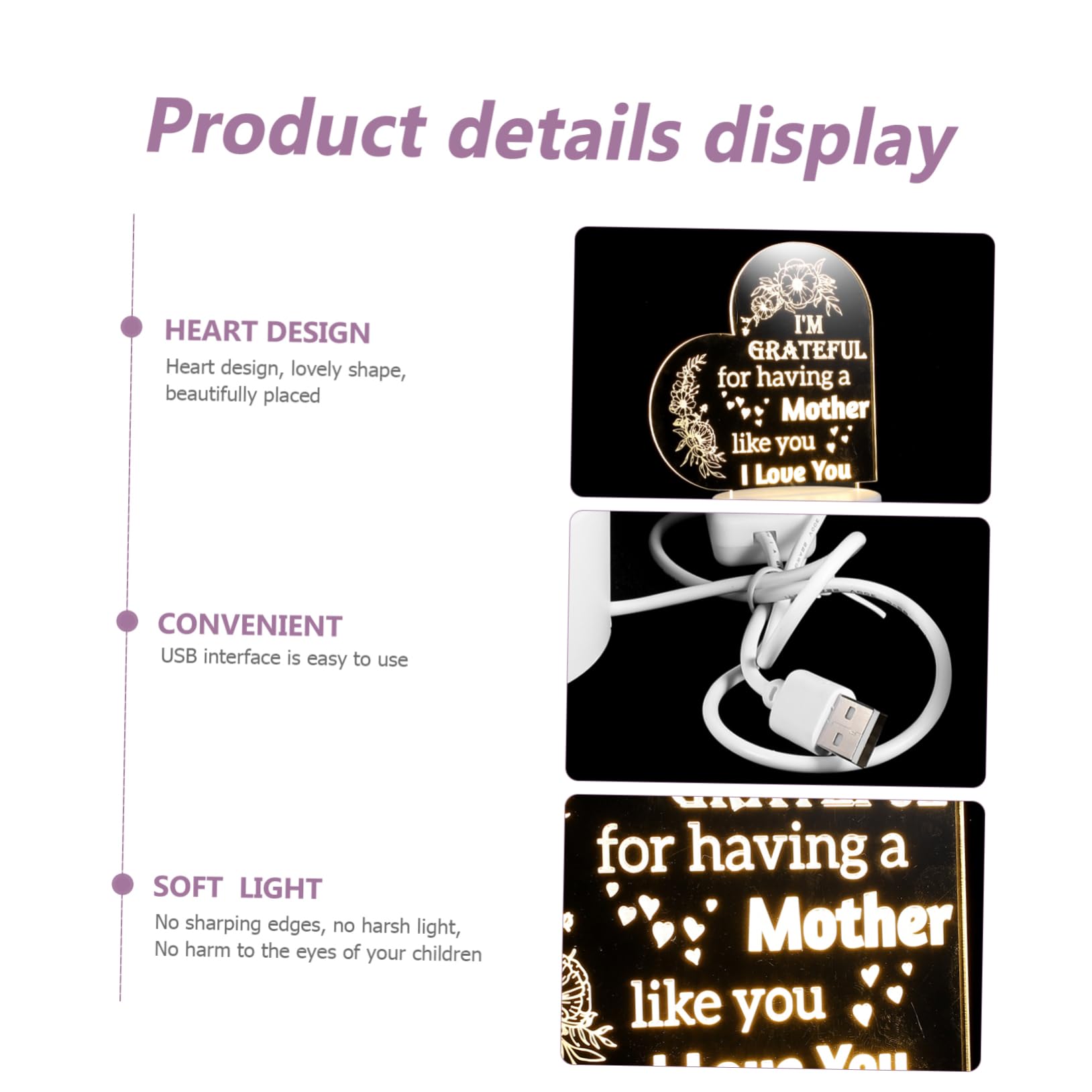 Angoily Portable LED Night Light - Dimmable Heart-Shaped Acrylic Night Lamp for Nursery, Kids Room & Bedroom | Perfect for Moms, Babies & Nighttime Feeding