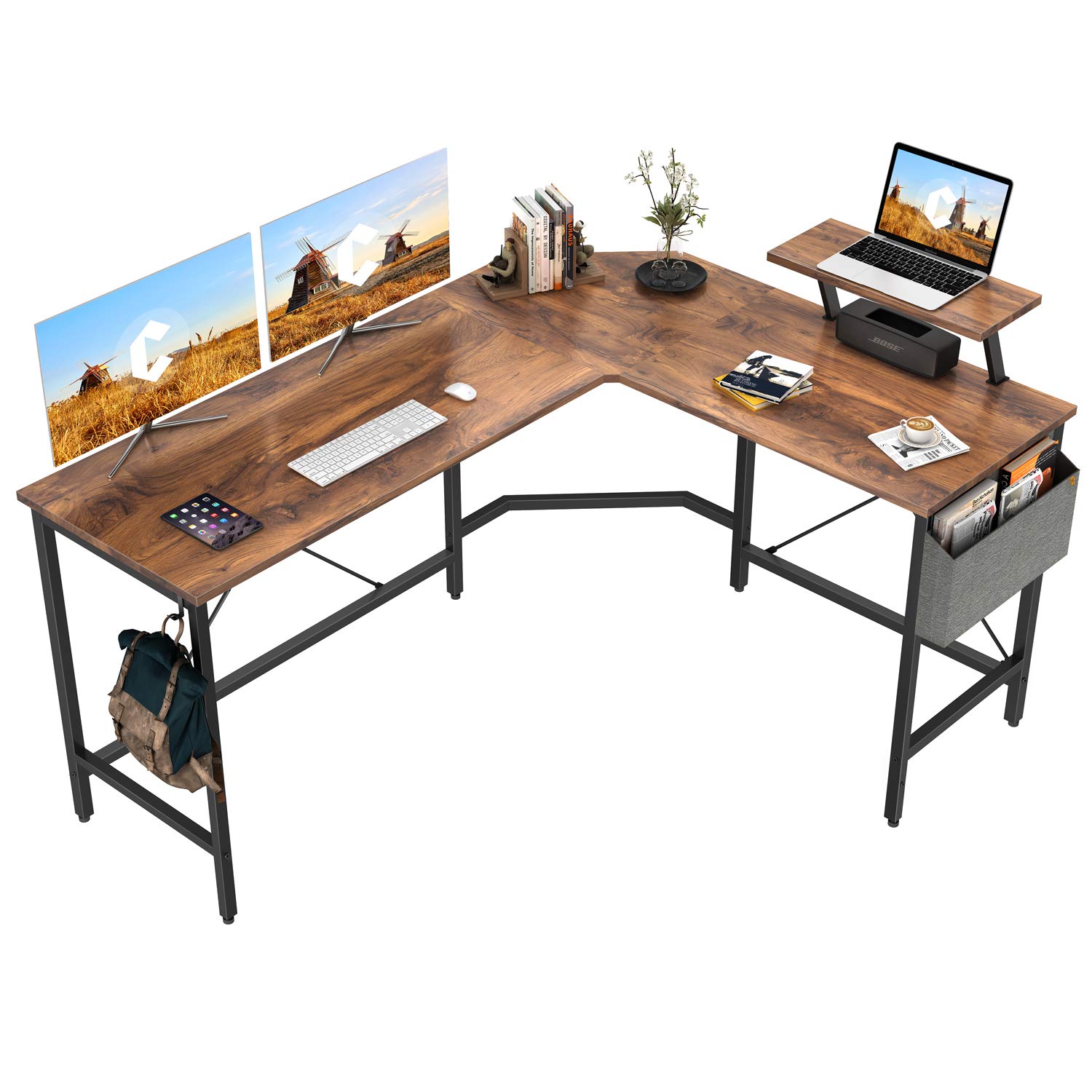 Modern L-Shaped Computer Desk with Monitor Stand - Corner Gaming & Home Office Workstation for Small Spaces | Perfect for Gaming Setups, Remote Work & Study Areas