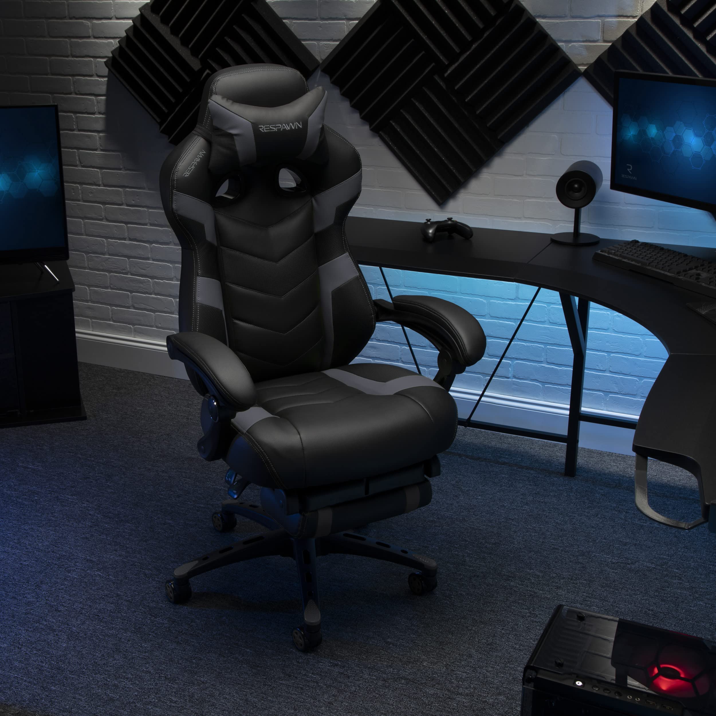 RESPAWN 110 Pro Ergonomic Gaming Chair with Adjustable Footrest & Headrest - Reclining Computer Desk Chair for Adults - Grey | Perfect for PC Gaming, Home Office & Streaming Setup